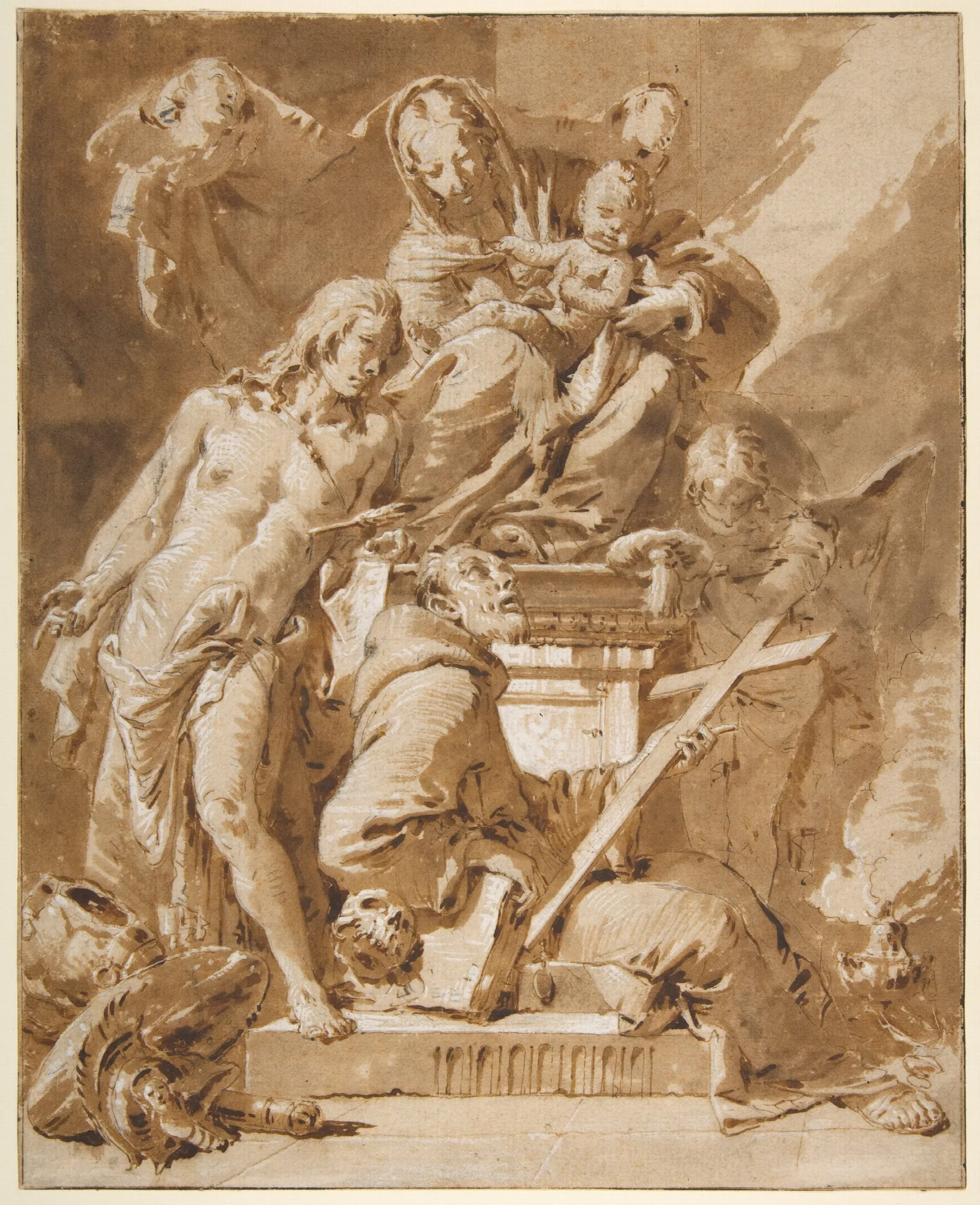 The Virgin And Child Enthroned With Saint Sebastian And A Franciscan Saint Wall Art by Giovanni Battista Tiepolo - Canvas Print