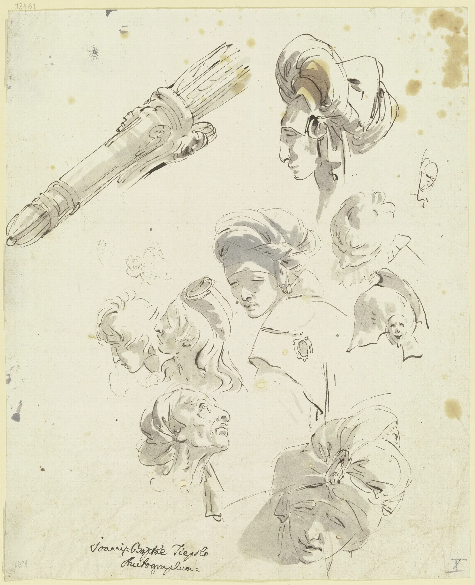 Verschiedene Kopfe Von Bartlosen Mannern Mit Turbanartigem Kopfputz Links Oben Ein Kocher Mit Pfeilen Wall Art by Giovanni Battista Tiepolo - Canvas Print