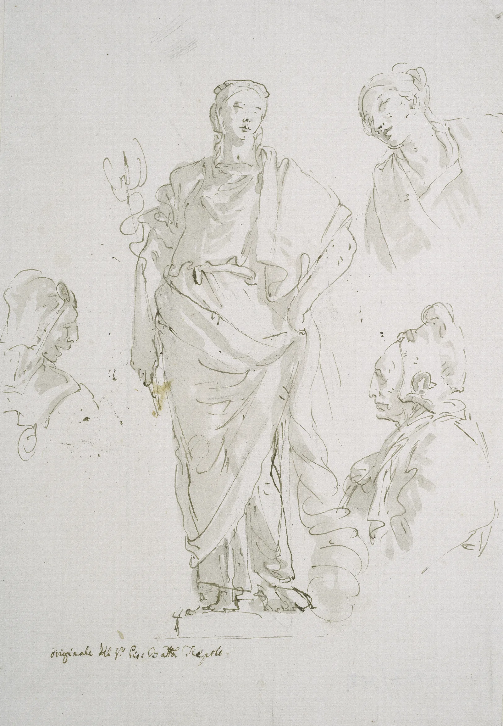 Standing Female Figure On A Pedestal And Three Studies Of Heads Wall Art by Giovanni Battista Tiepolo - Canvas Print