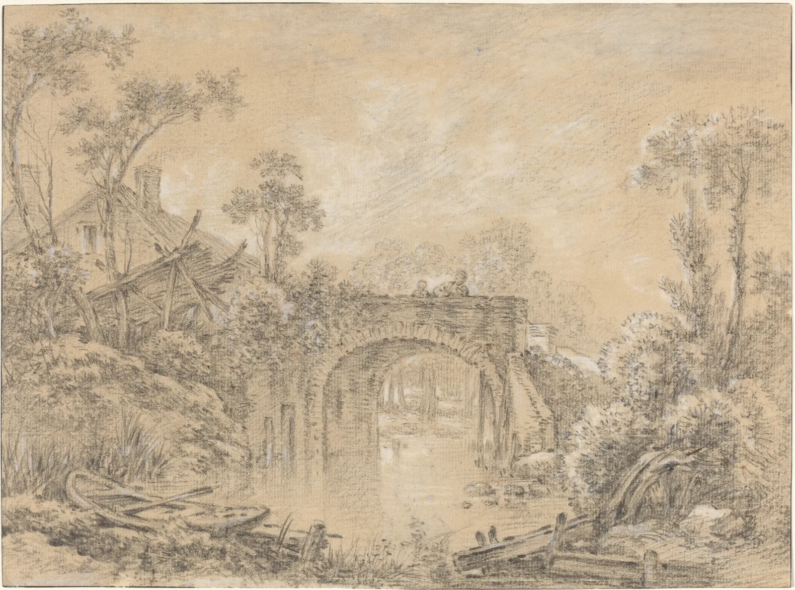 Landscape With A Rustic Bridge Wall Art by François Boucher - Canvas Print