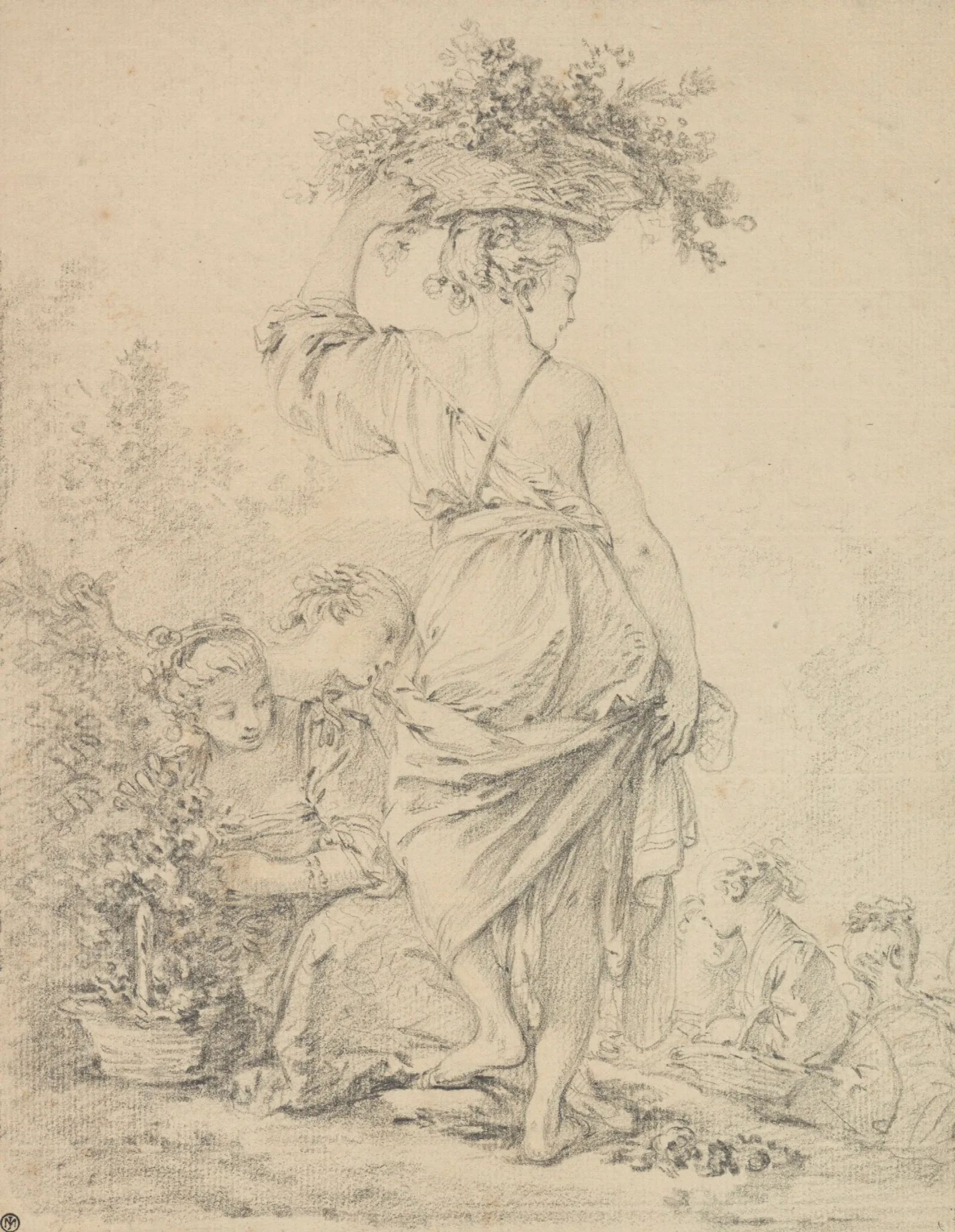 A Standing Young Woman And Others Gathering Flowers La Jardiniere Wall Art by François Boucher - Canvas Print