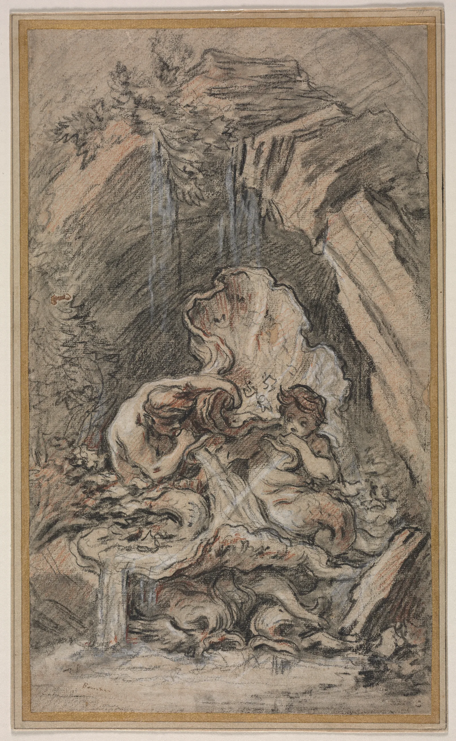 Fountain With Two Tritons Blowing Conch Shells Wall Art by François Boucher - Canvas Print