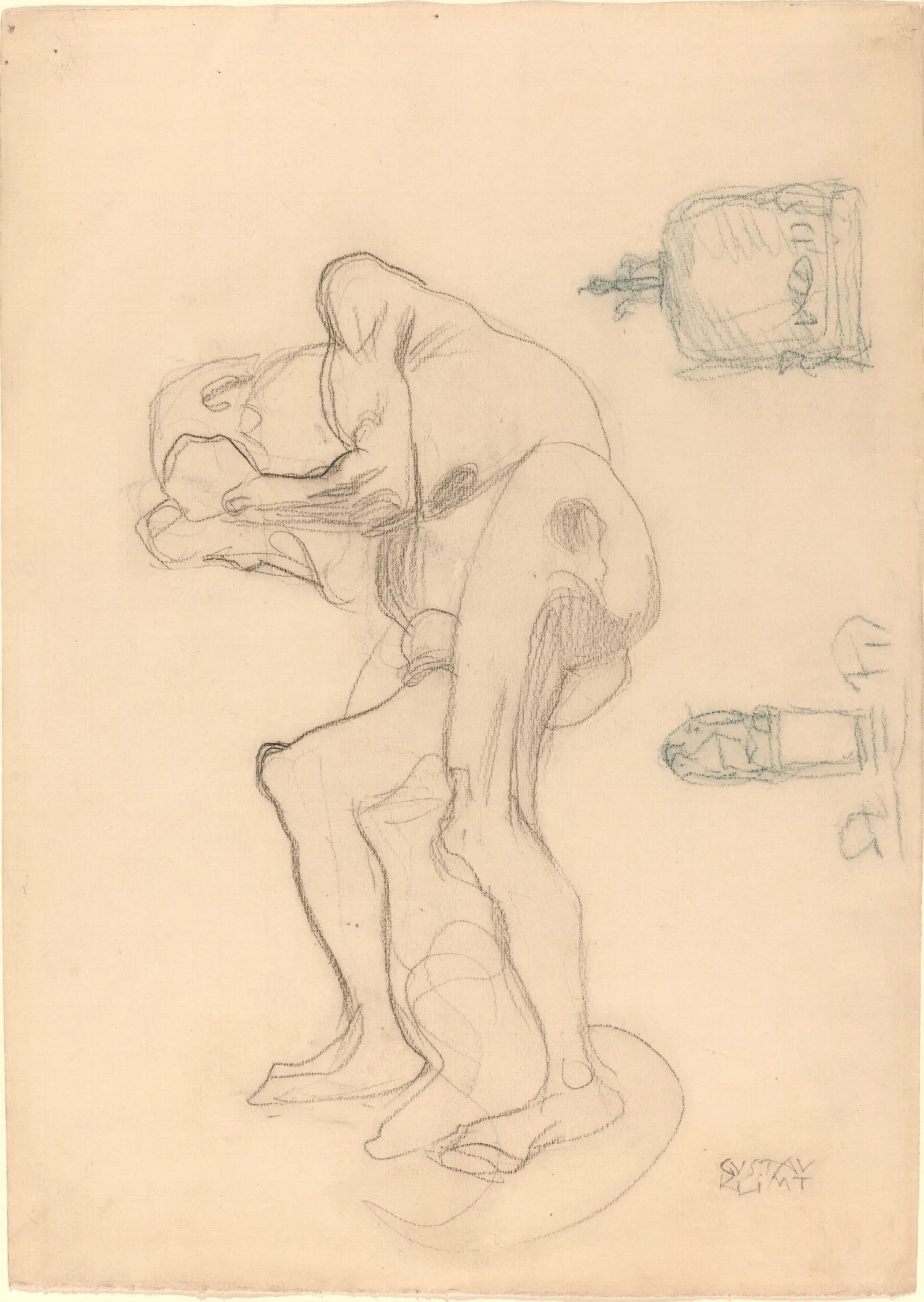 Study Of A Nude Old Woman Clenching Her Fists And Two Decorative Objects Wall Art by Gustav Klimt - Canvas Print