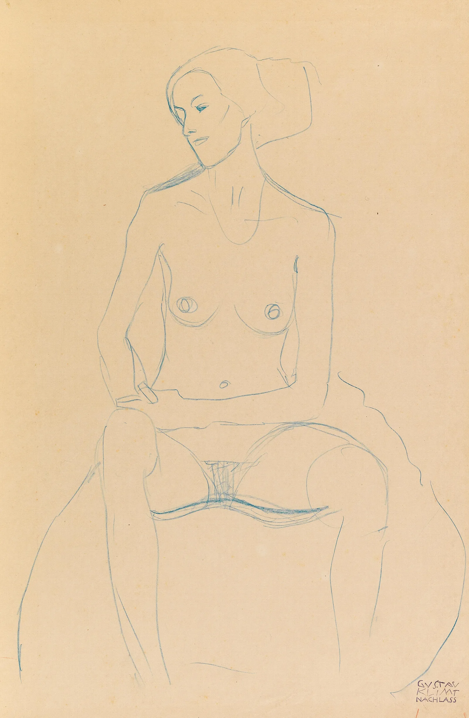 Seated Nude Girl From The Front With Tackled Legs Wall Art by Gustav Klimt - Canvas Print
