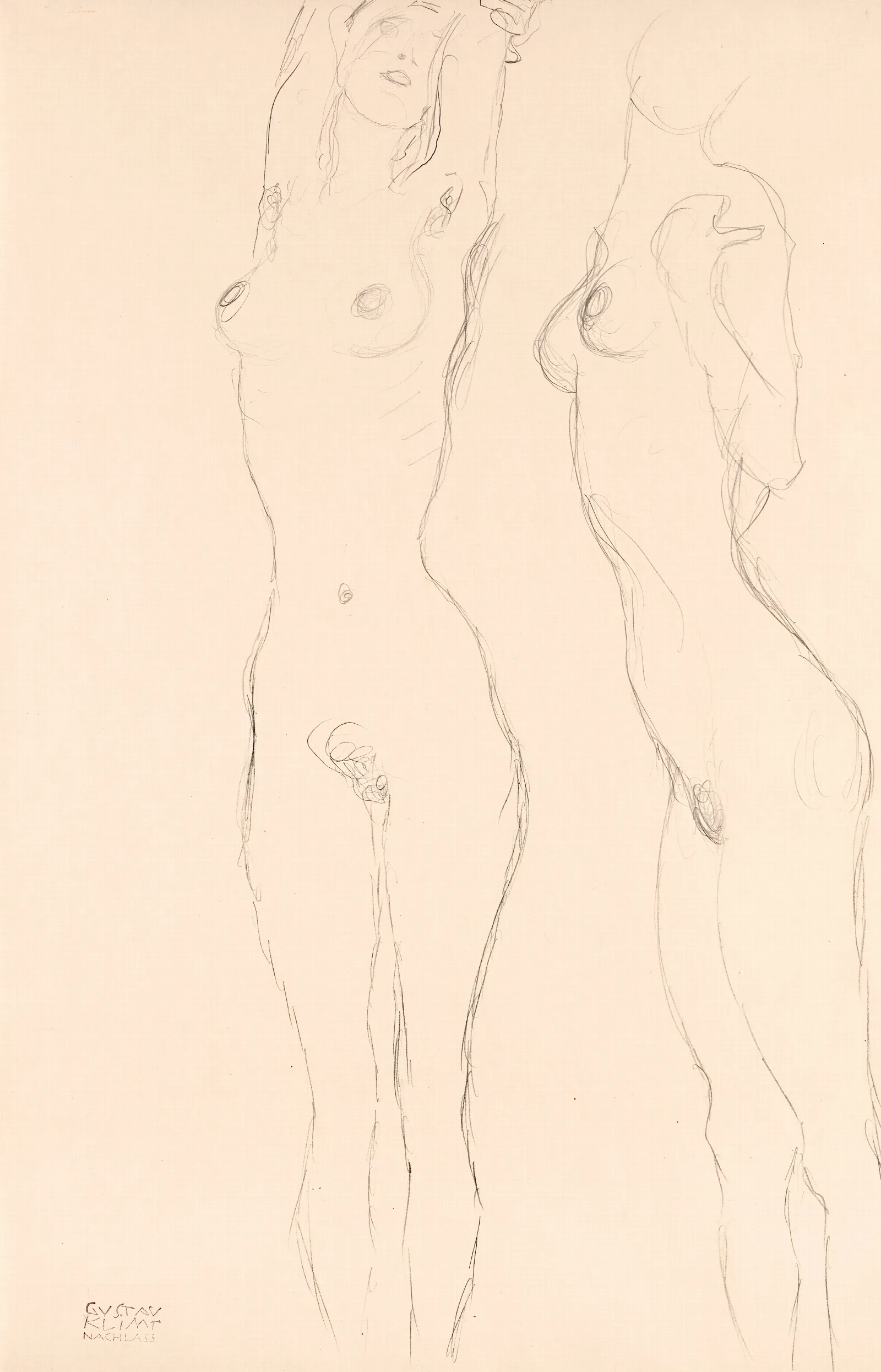 Two Nudes The Left One With Raised Arms Wall Art by Gustav Klimt - Canvas Print