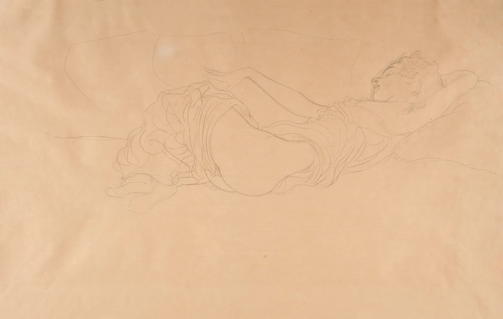 Woman Lying On Her Back Partly Dressed Wall Art by Gustav Klimt - Canvas Print