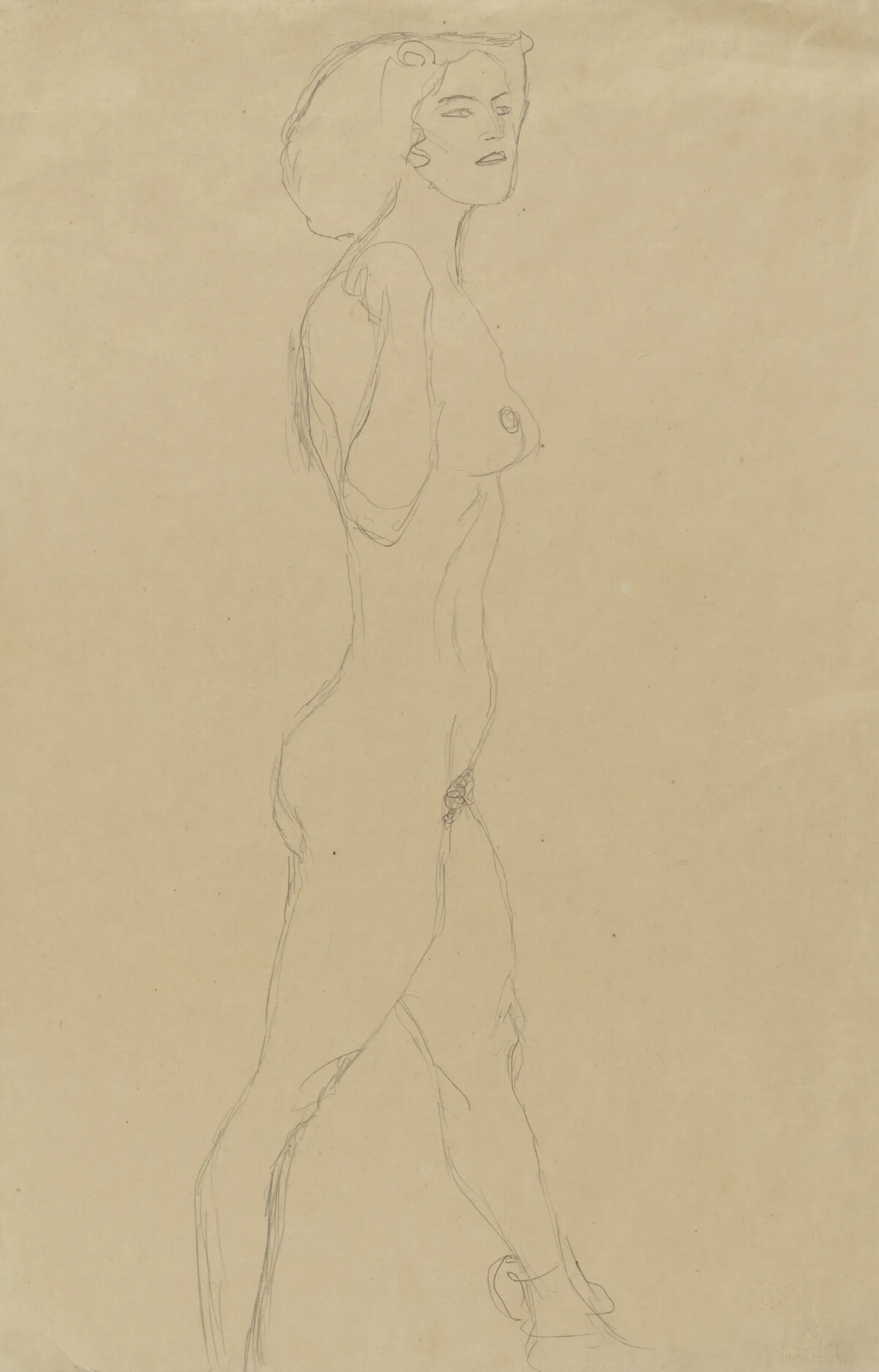 Schreitende Die Rechte Hand An Der Schulter Das Gesicht Im Dreiviertelprofil Wall Art by Gustav Klimt - Canvas Print