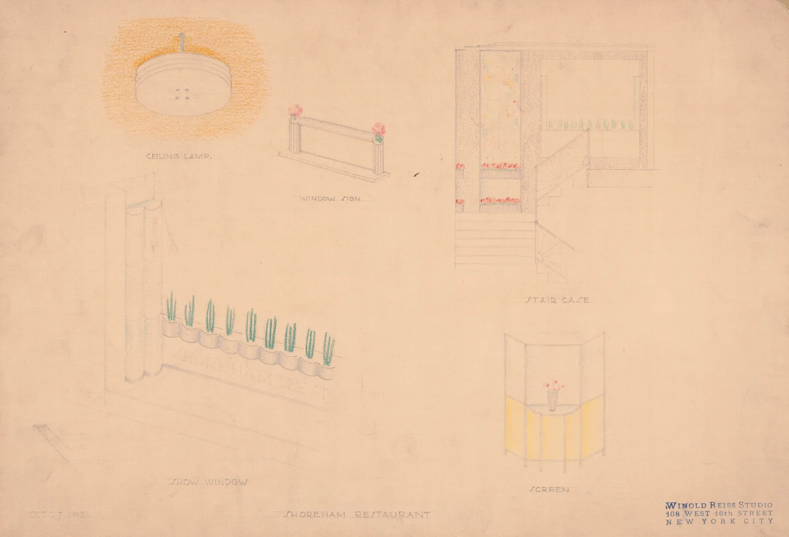 Designs For Interior Of Shoreham Restaurant Perspectives And Elevations For Ceiling Lamp Show Window Window Sign Staircase And Screen Renderings Wall Art by Winold Reiss - Canvas Print