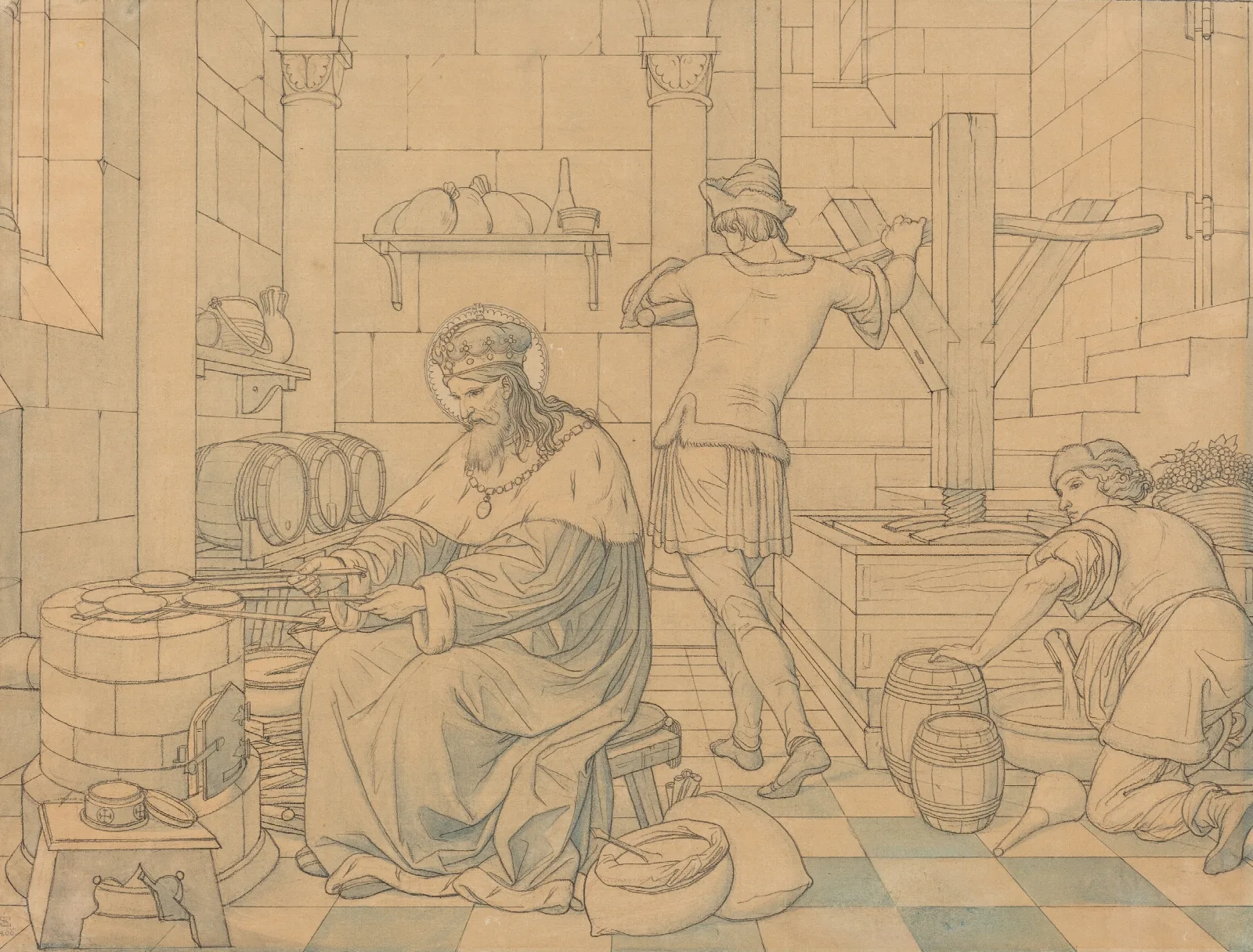 Saint Wenzel Cooking Hosts As Two Youths Press Wine Wall Art by Eduard von Steinle - Canvas Print
