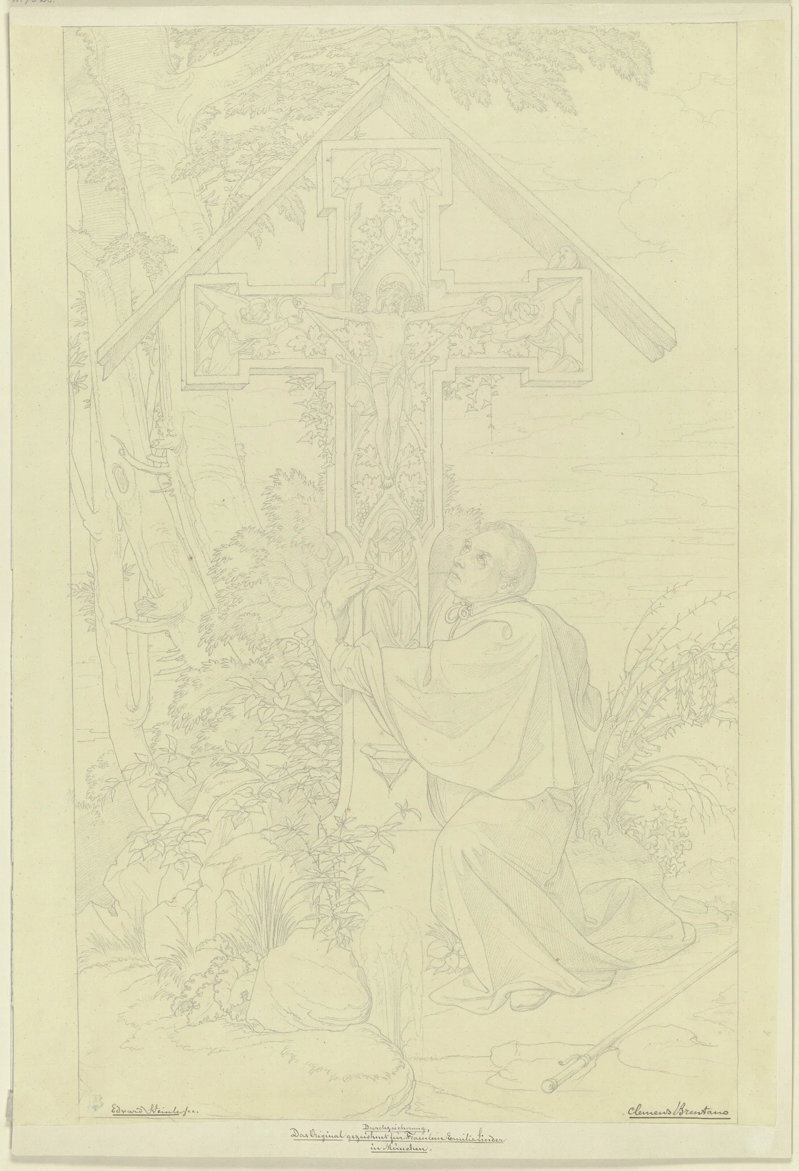 Gedenkblatt An Clemens Brentano Ein Kreuz Umfassend Wall Art by Eduard von Steinle - Canvas Print