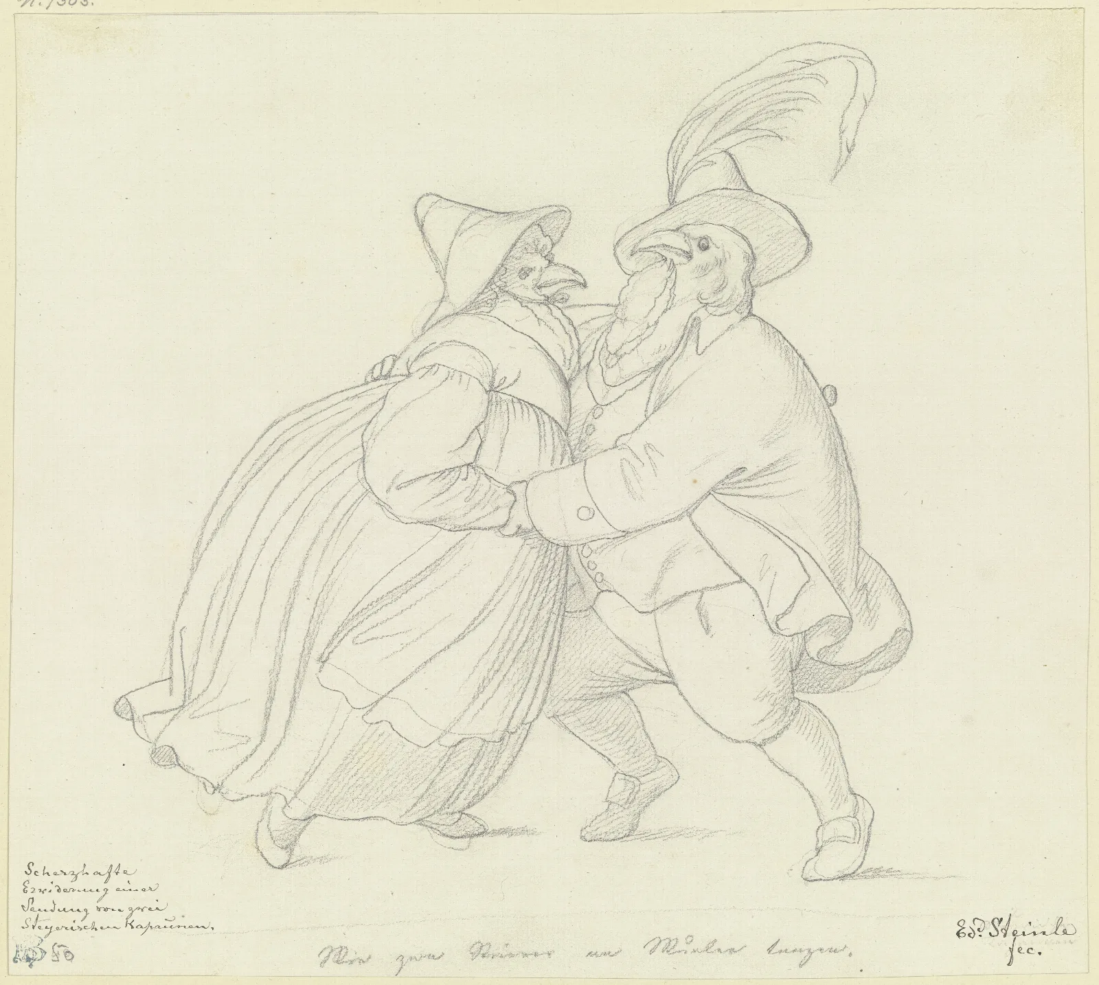 Zwei Kapaune Als Steyerisches Bauernpaar Tanzend Wall Art by Eduard von Steinle - Canvas Print