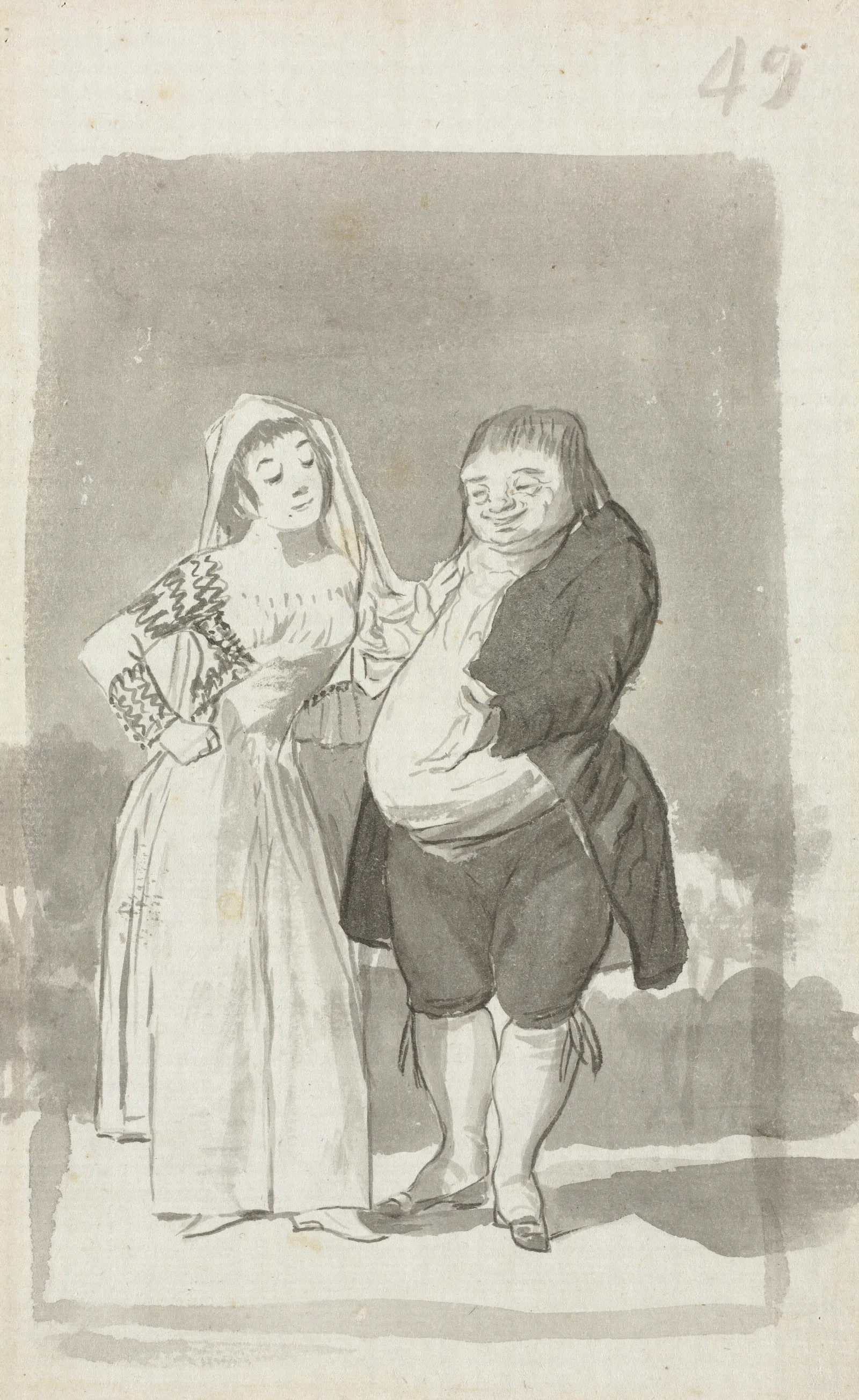 Prostitute Soliciting A Fat Ugly Man Recto Wall Art by Francisco de Goya - Canvas Print
