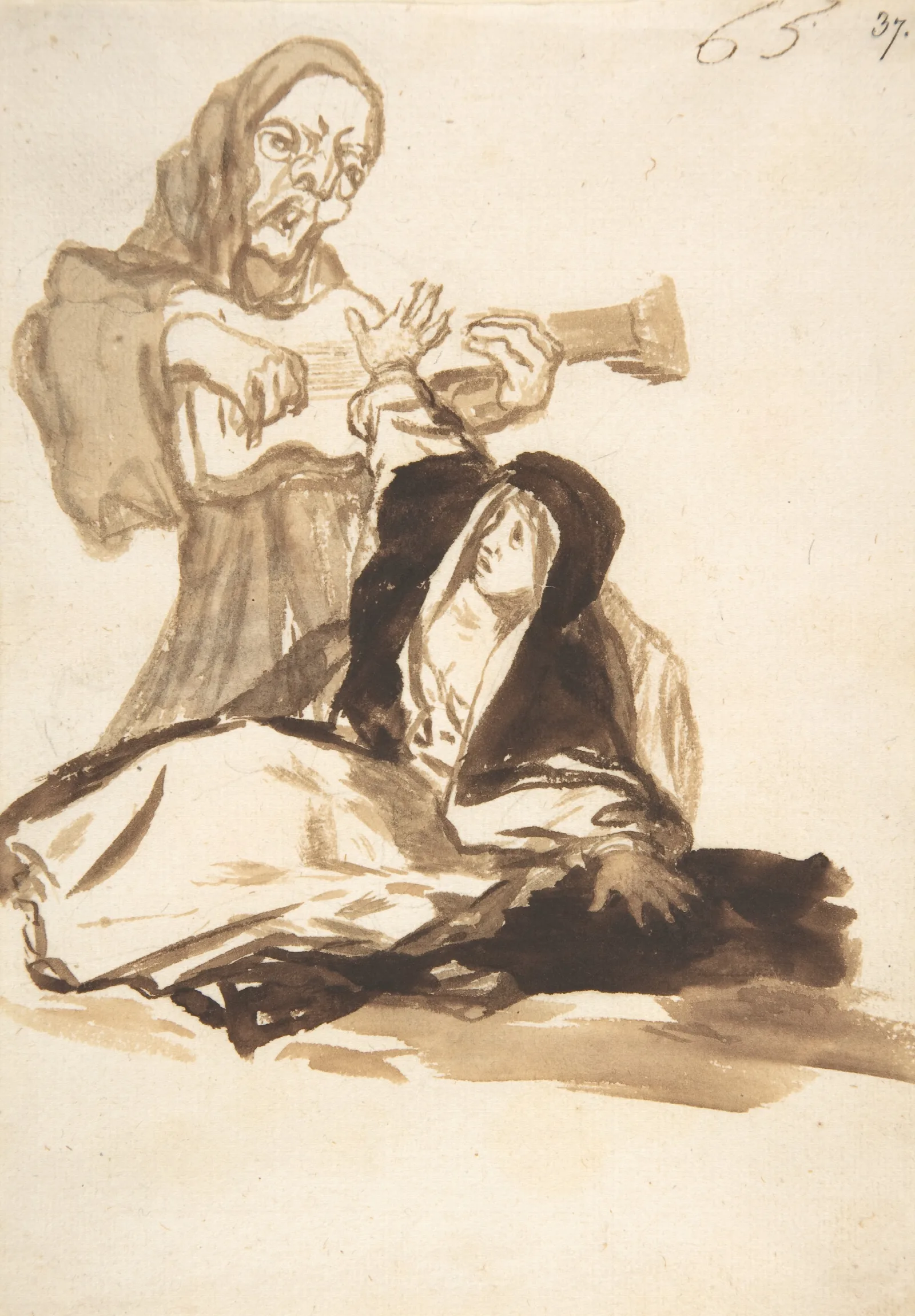 A Nun Frightened By A Ghost Playing A Guitar Wall Art by Francisco de Goya - Canvas Print