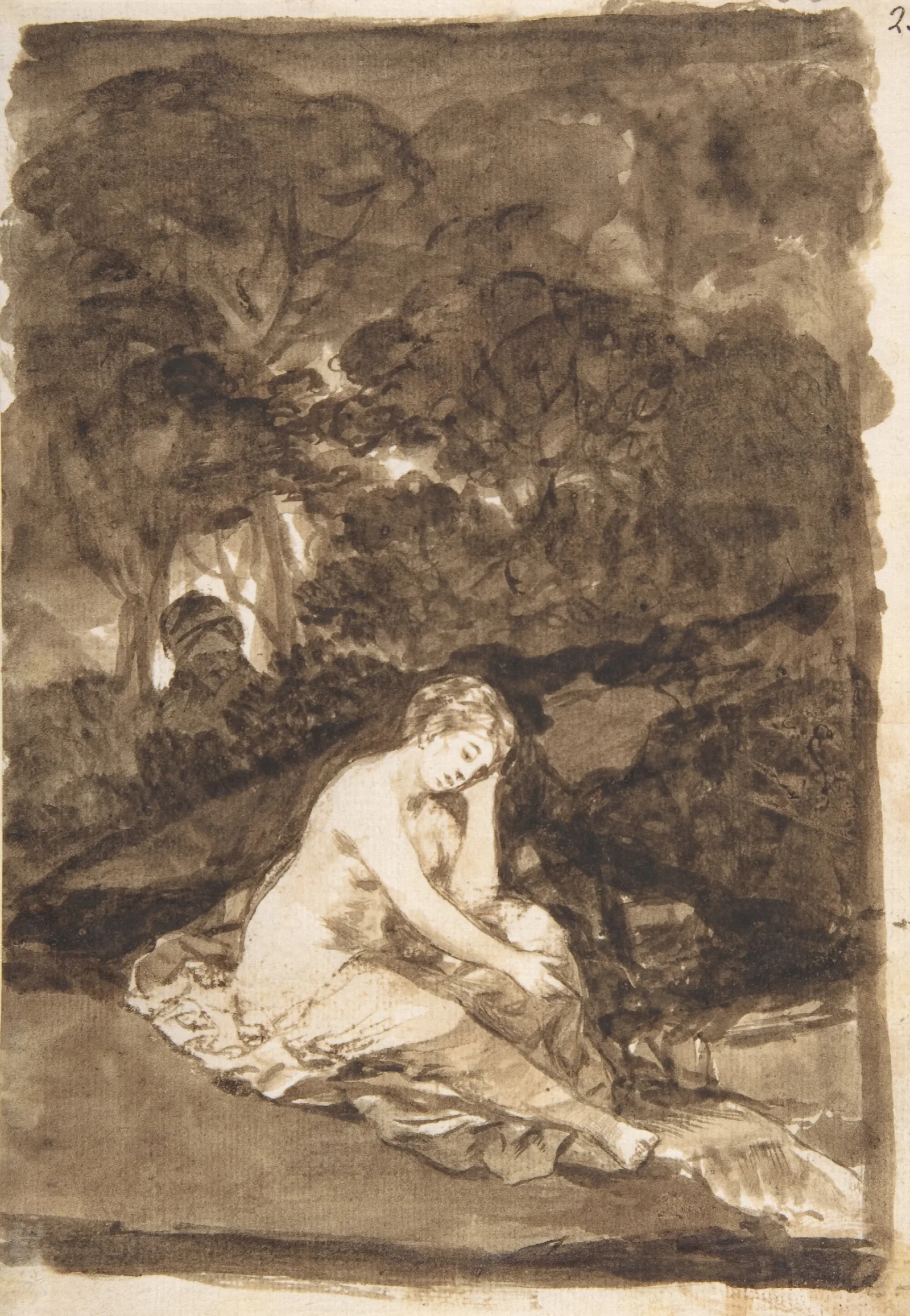 A Partly Naked Woman Seated By A Stream Wall Art by Francisco de Goya - Canvas Print