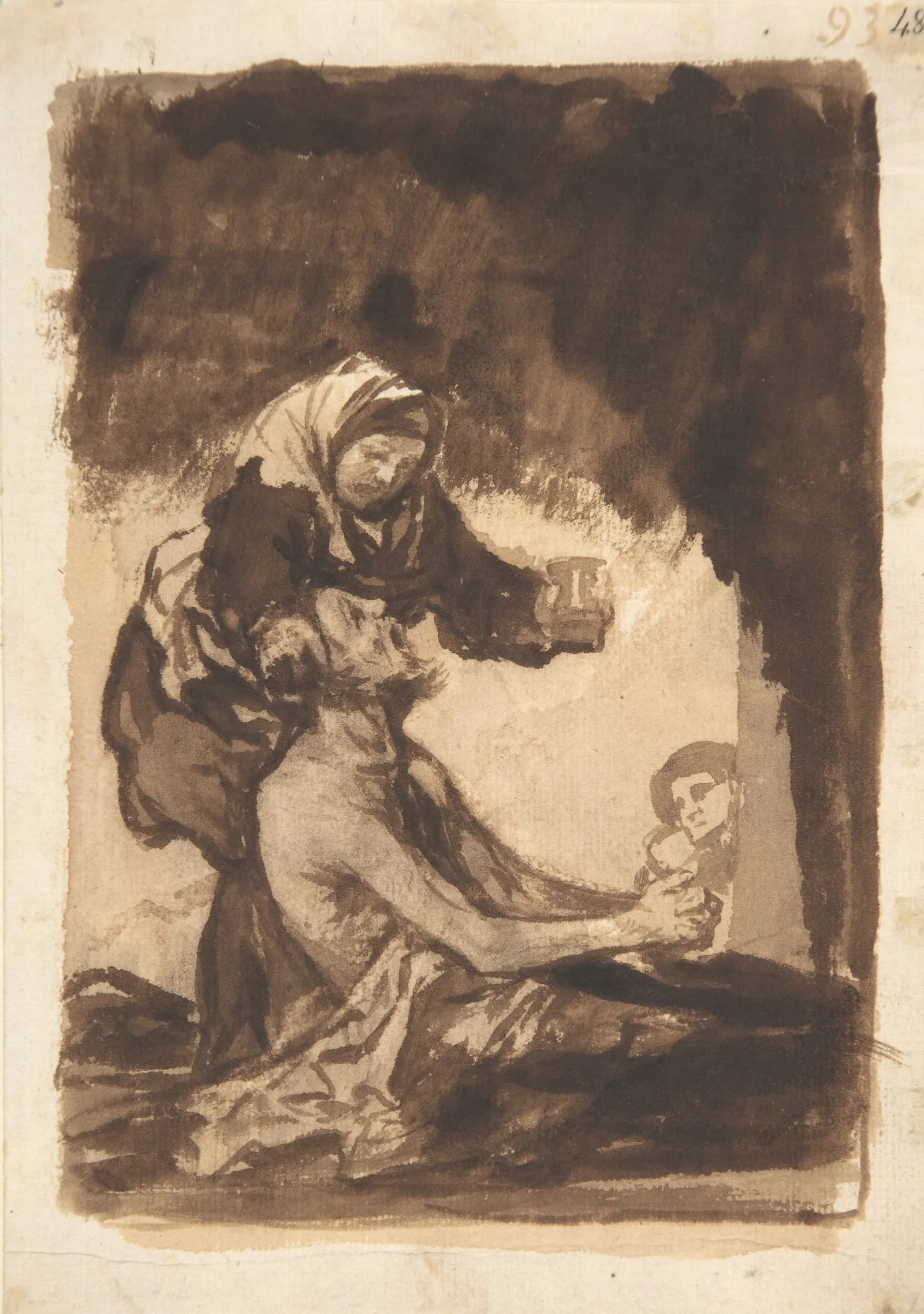 A Woman Giving A Mug To An Old Man Wall Art by Francisco de Goya - Canvas Print