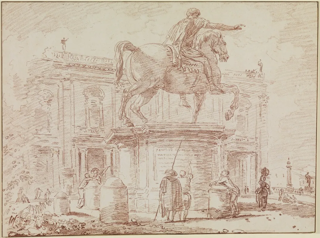 Die Reiterstatue Marc Aurels Und Der Konservatorenpalast In Rom Wall Art by Hubert Robert - Canvas Print