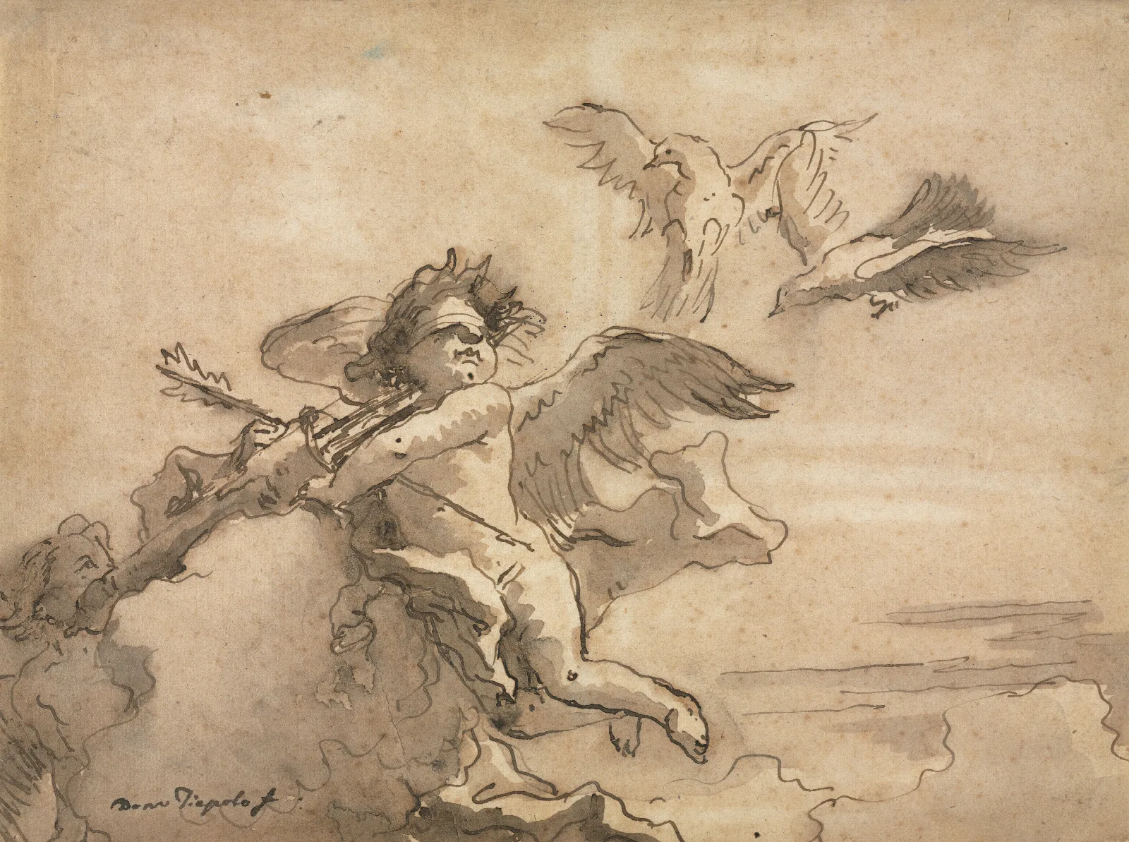 Cupid Blindfolded And Two Doves Wall Art by Giovanni Domenico Tiepolo - Canvas Print