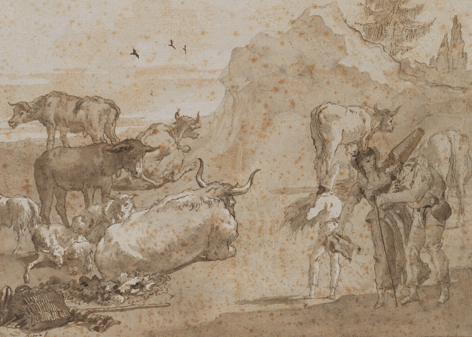 Sheep And Cows Wall Art by Giovanni Domenico Tiepolo - Canvas Print