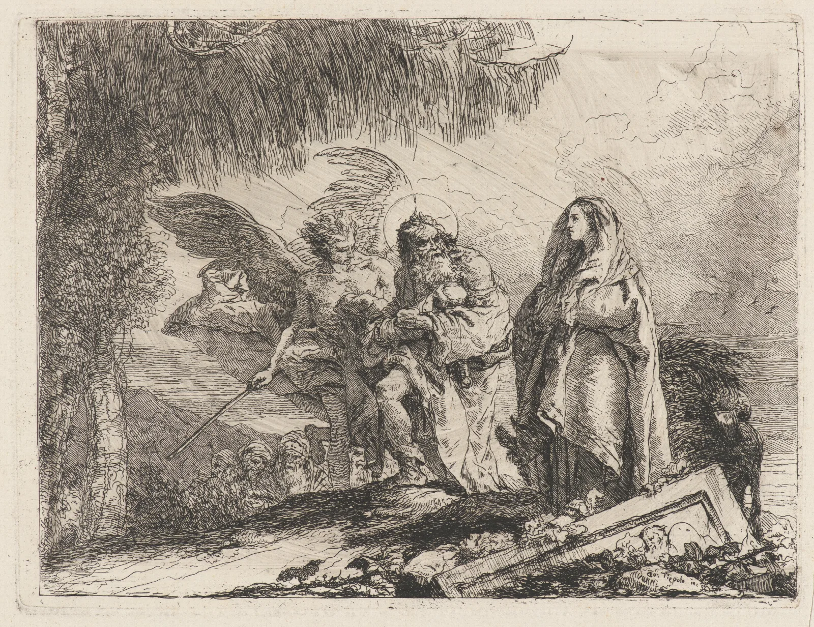 The Flight Holy Family Walking With Angel Wall Art by Giovanni Domenico Tiepolo - Canvas Print