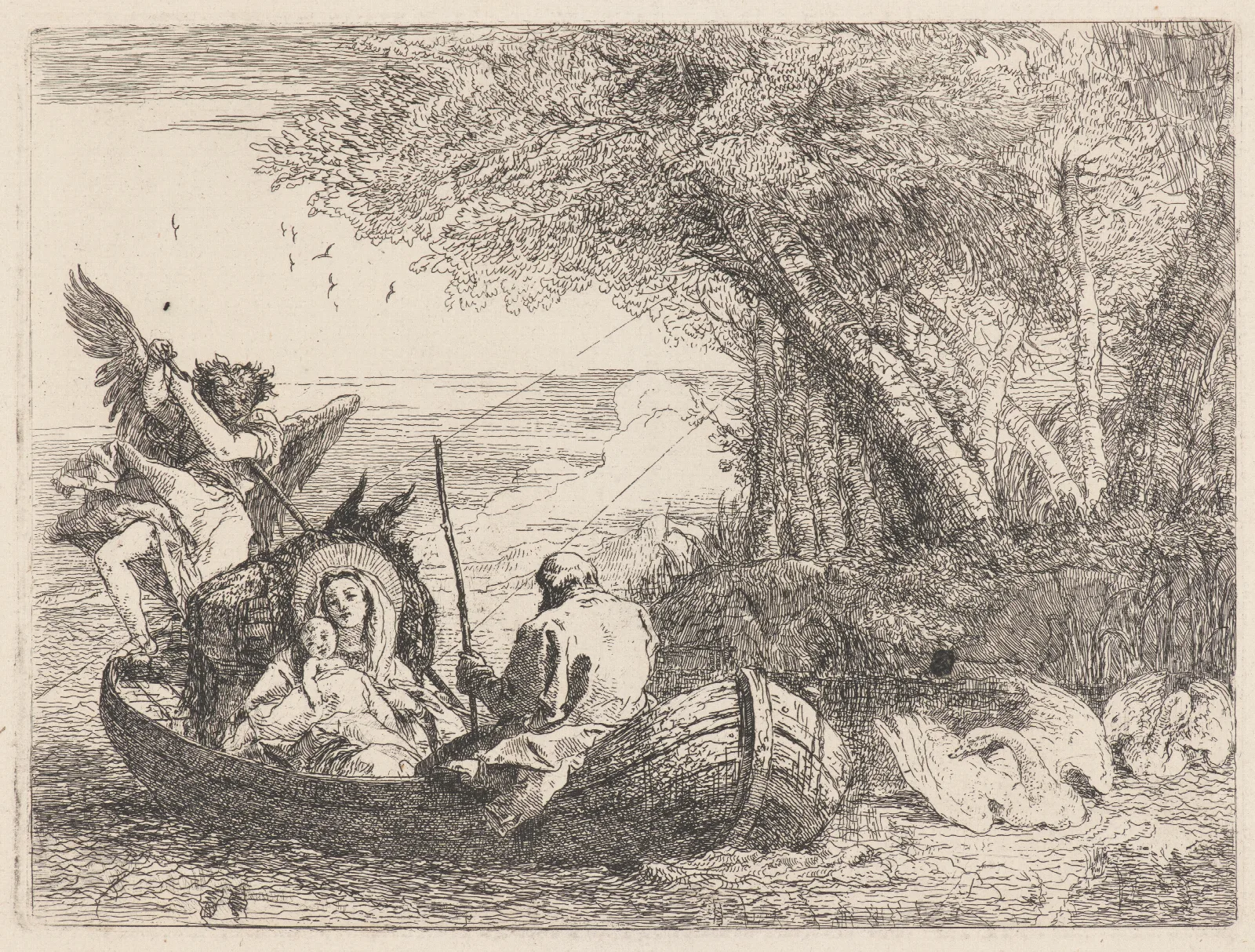 The Holy Family Being Ferried Across The River Wall Art by Giovanni Domenico Tiepolo - Canvas Print