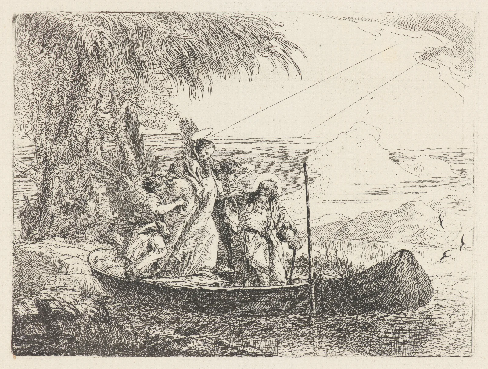 The Madonna Child And Angels Entering The Boat Wall Art by Giovanni Domenico Tiepolo - Canvas Print