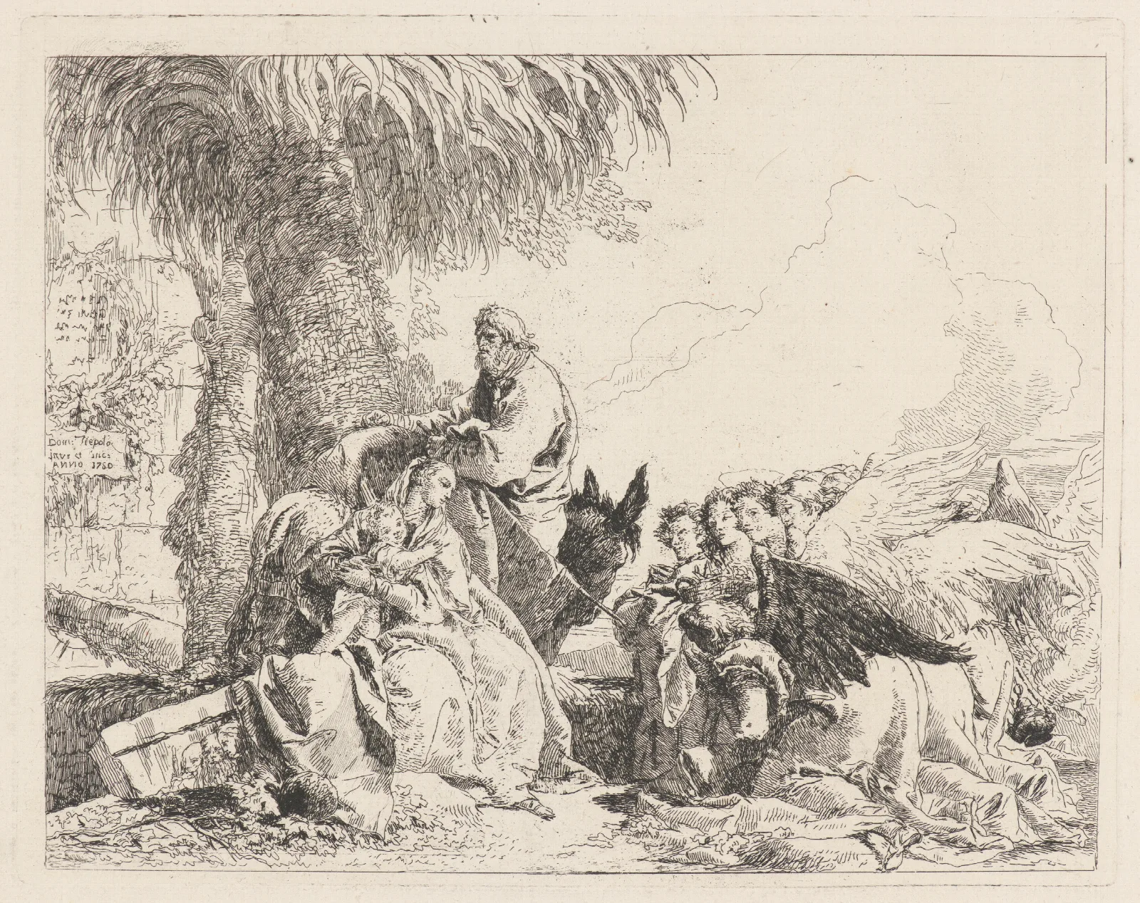 The Rest On The Flight With Adoring Angels Wall Art by Giovanni Domenico Tiepolo - Canvas Print
