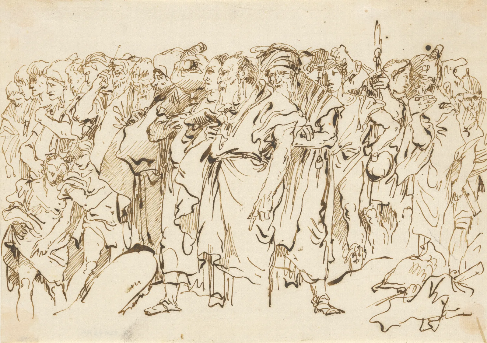 A Crowd Of Ancient Warriors Orientals And Two Boys Gathering For A Sacrifice Wall Art by Giovanni Domenico Tiepolo - Canvas Print