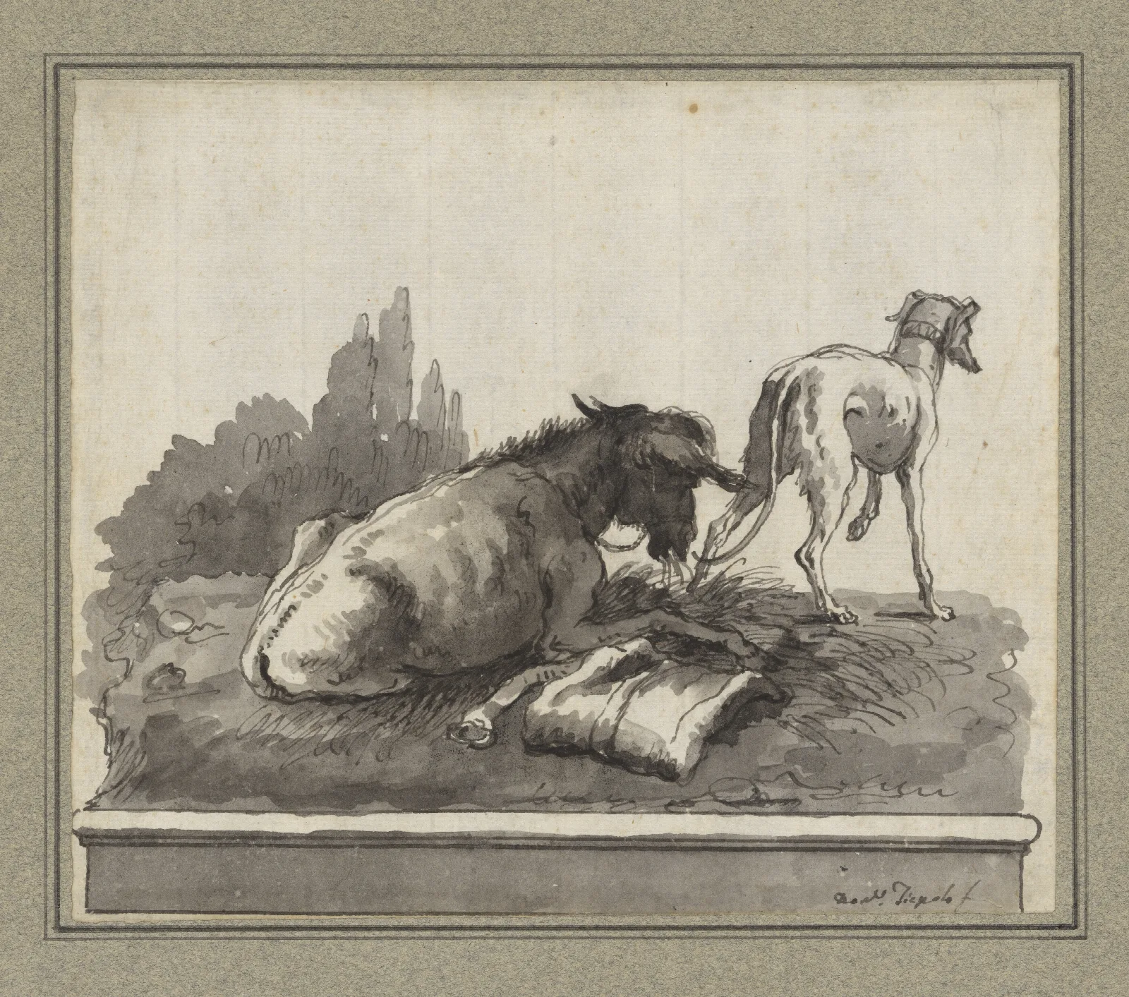A Donkey Lying On The Grass With An Italian Greyhound On A Base Wall Art by Giovanni Domenico Tiepolo - Canvas Print