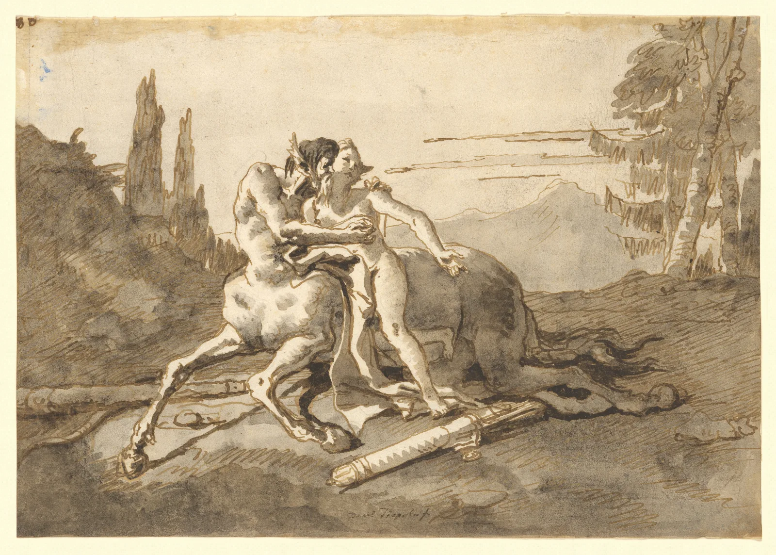 Centaur Embracing Nymph In A Wild Landscape Wall Art by Giovanni Domenico Tiepolo - Canvas Print