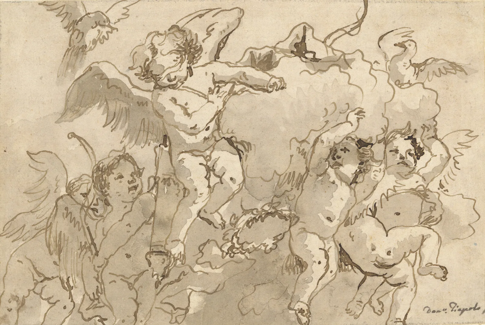 Cupid Blindfolded In The Clouds With Five Attendant Putti Wall Art by Giovanni Domenico Tiepolo - Canvas Print