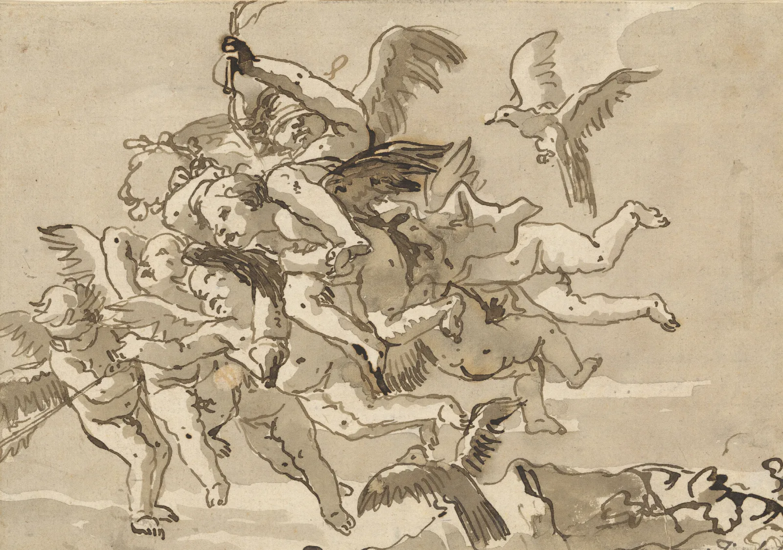 Cupid Blindfolded Carried Through The Sky By Seven Winged Putti Wall Art by Giovanni Domenico Tiepolo - Canvas Print