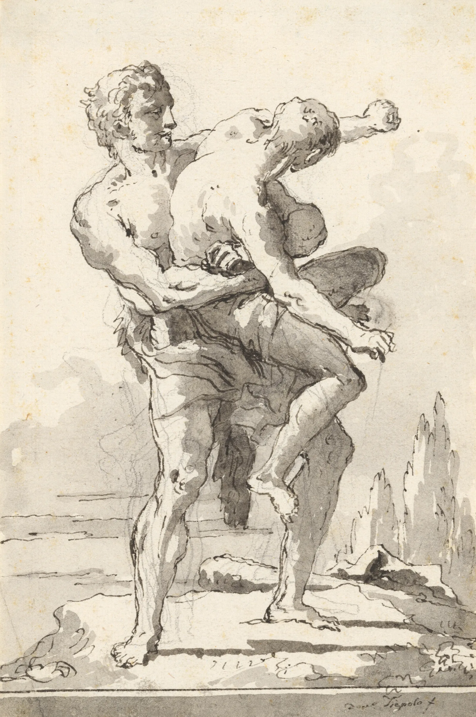 Hercules And Antaeus With A Ledge Below Wall Art by Giovanni Domenico Tiepolo - Canvas Print