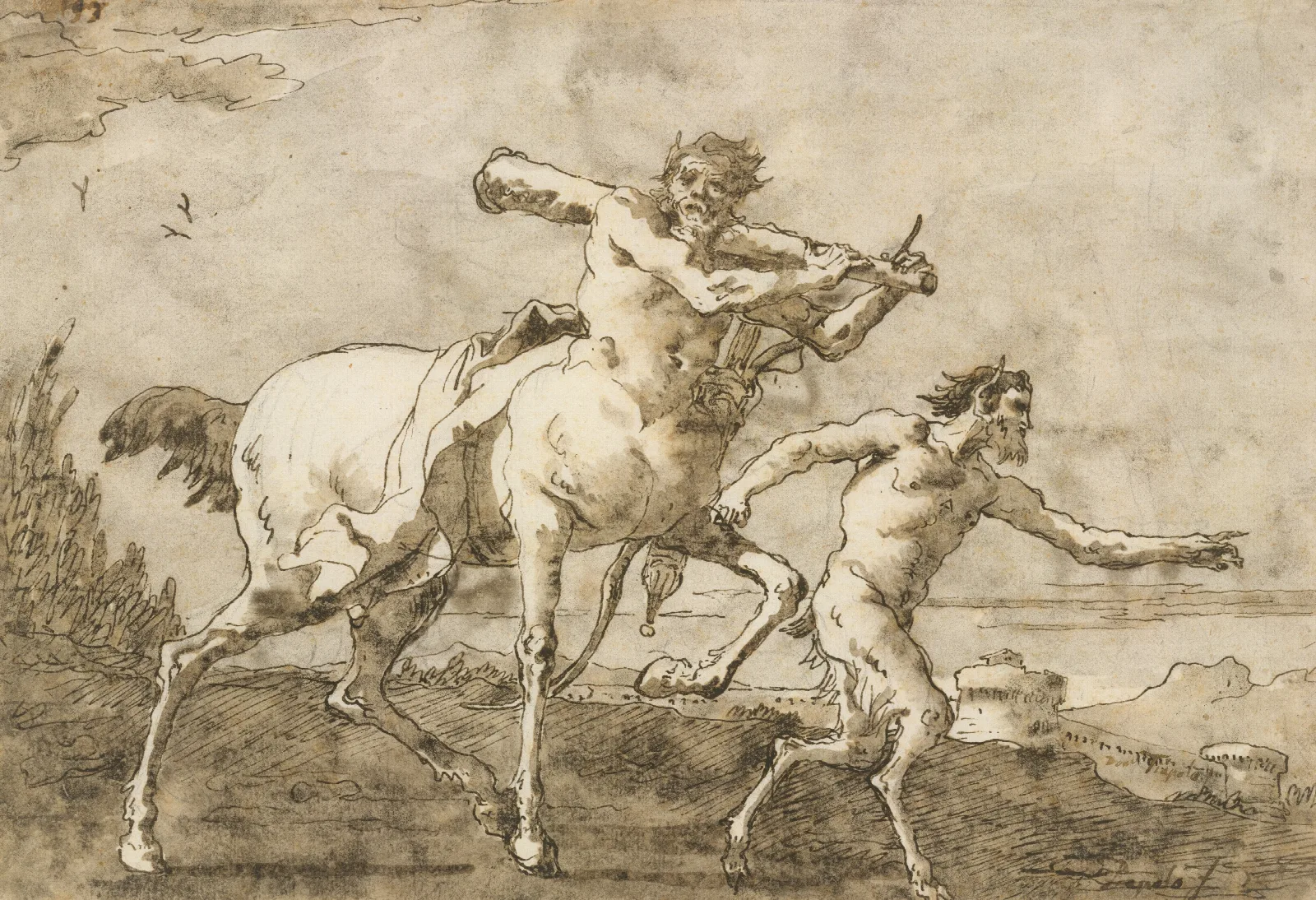 Satyr Leading A Centaur Who Carries A Club Bow And Quiver Outside The Walls Of A City Wall Art by Giovanni Domenico Tiepolo - Canvas Print