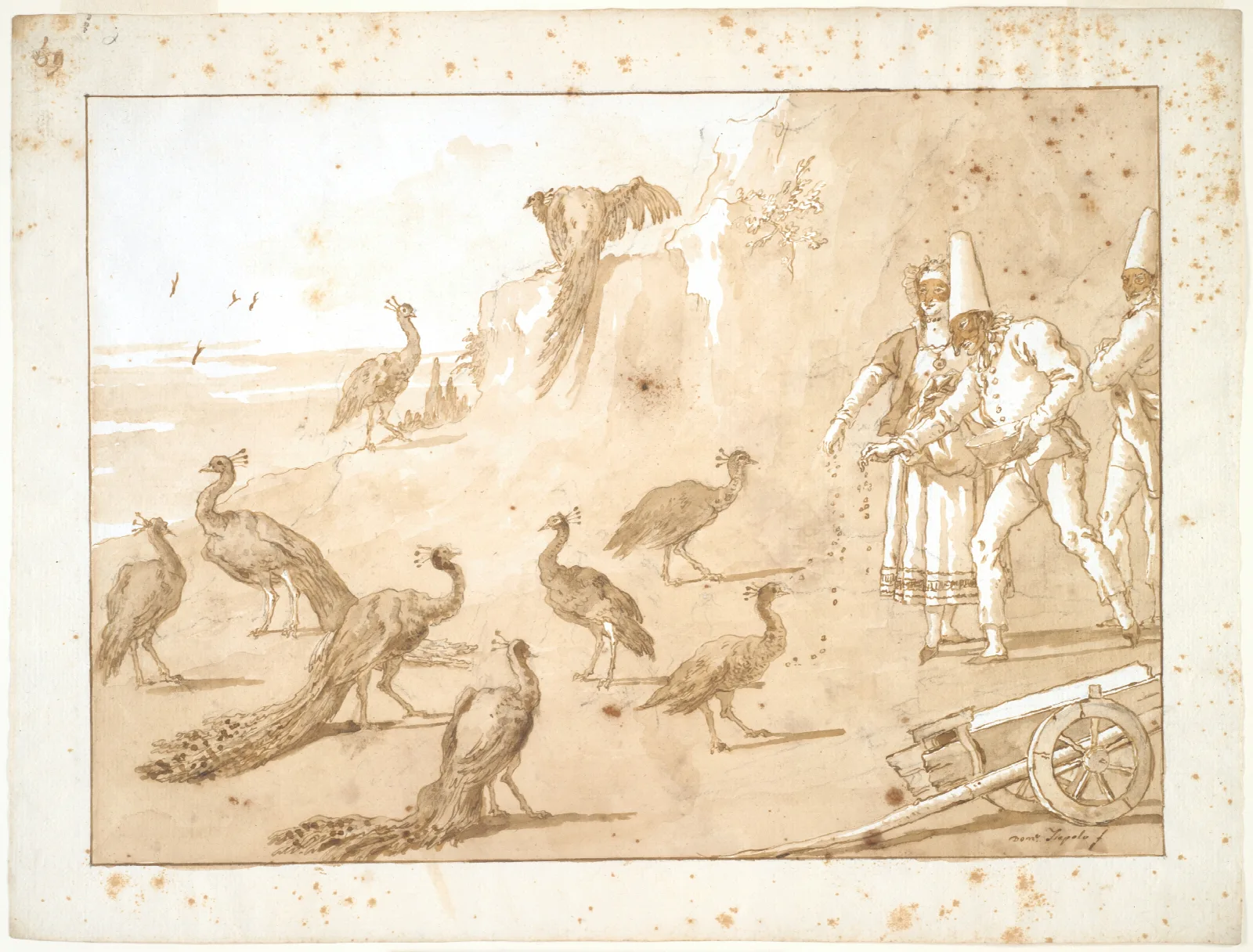 Punchinello Feeding The Peacocks Wall Art by Giovanni Domenico Tiepolo - Canvas Print