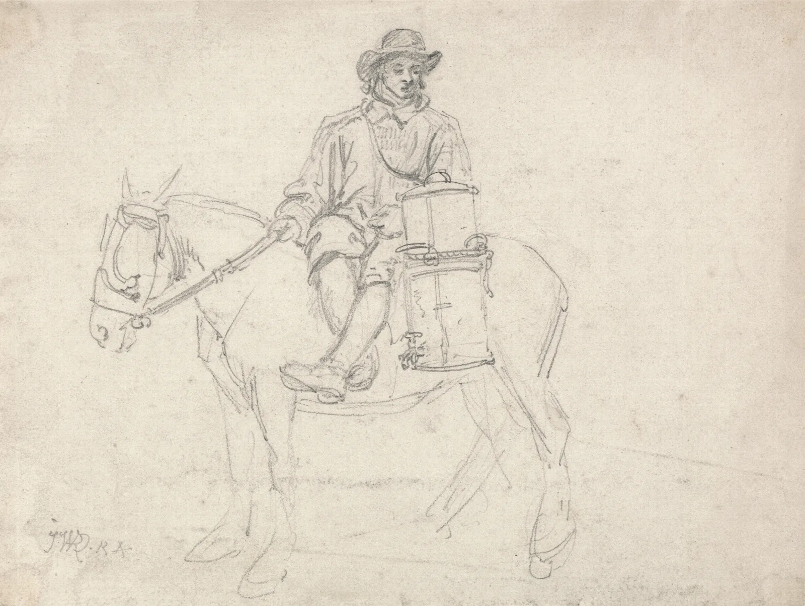 A Farmhand Riding Side Saddle Carrying An Urn Wall Art by James Ward - Canvas Print