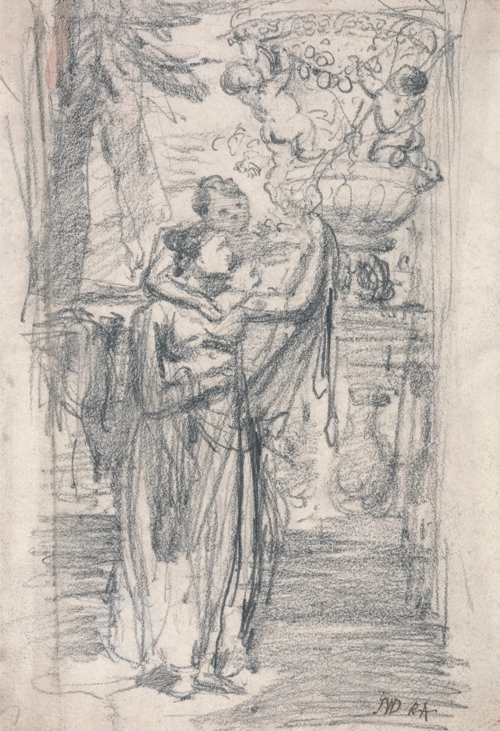 Two Girls Or Lady And Child On A Garden Terrace Near An Ornamental Urn Wall Art by James Ward - Canvas Print