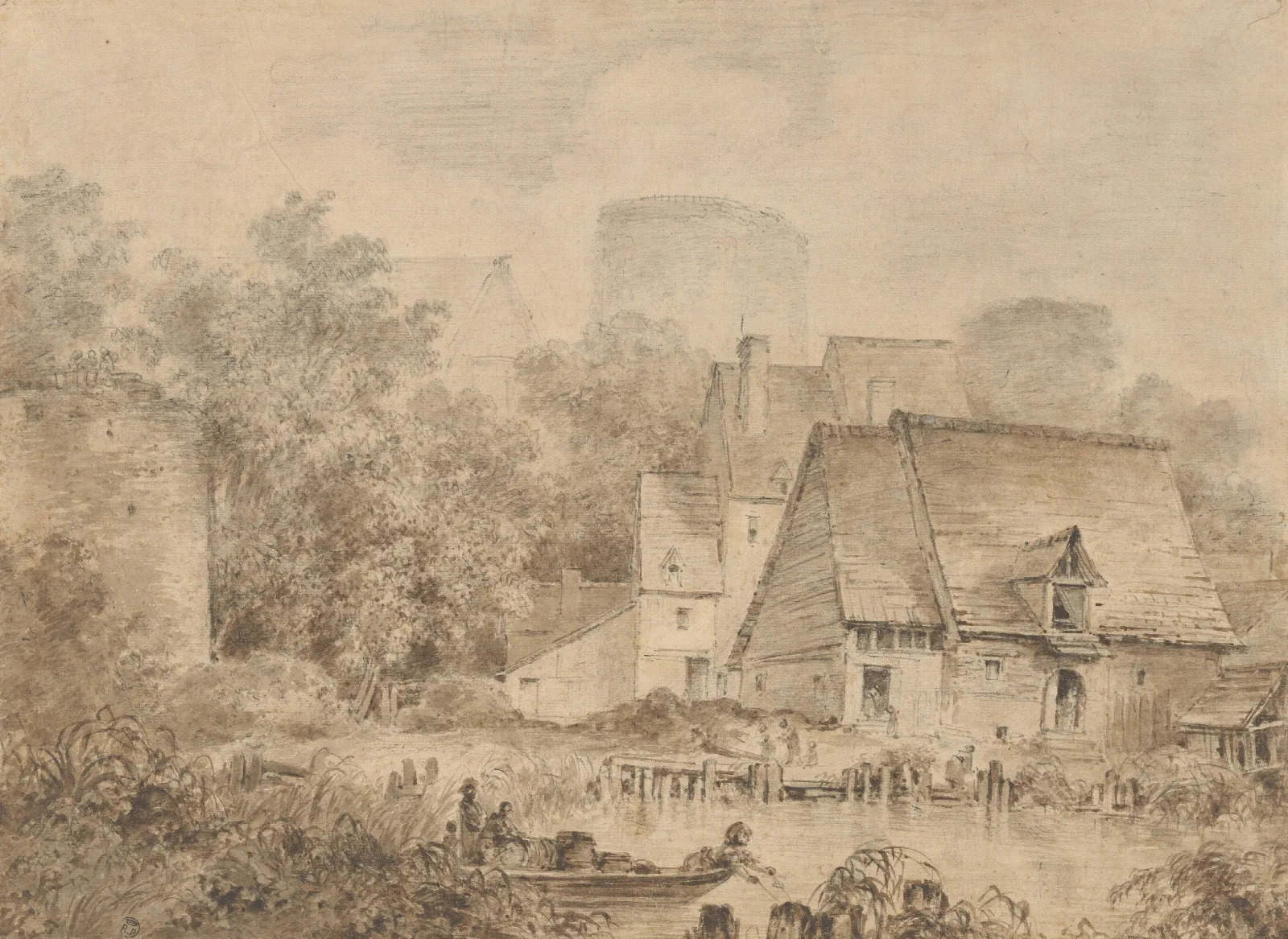 Farm Buildings Beside A Waterway Wall Art by Jean-Honoré Fragonard - Canvas Print