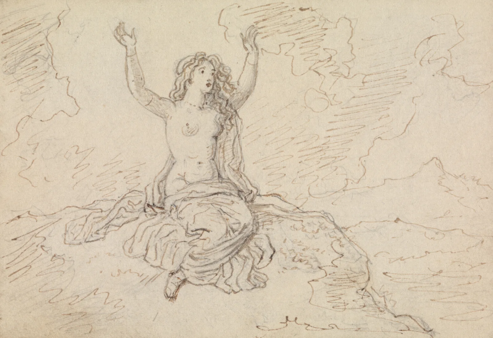Study Of A Semi Nude Woman Sitting With Her Arms Raised Over Her Head Wall Art by Robert Smirke - Canvas Print