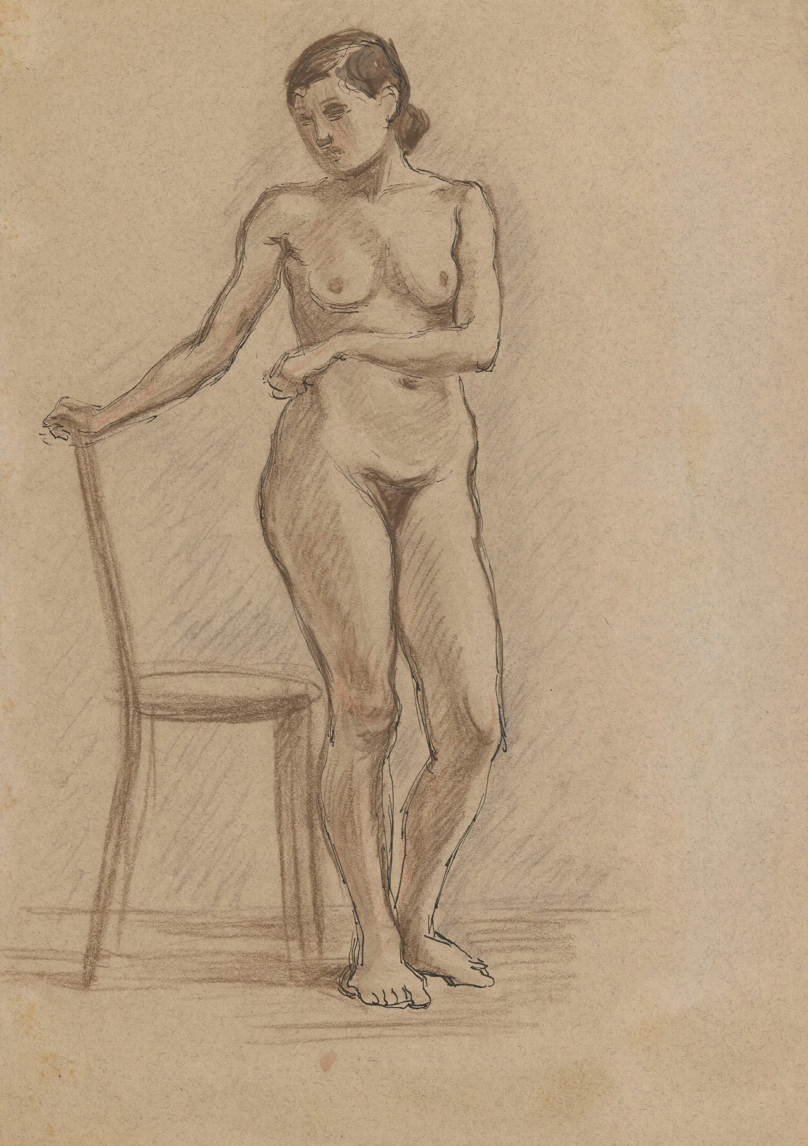Nude Standing Beside A Chair Wall Art by Zygmunt Waliszewski - Canvas Print