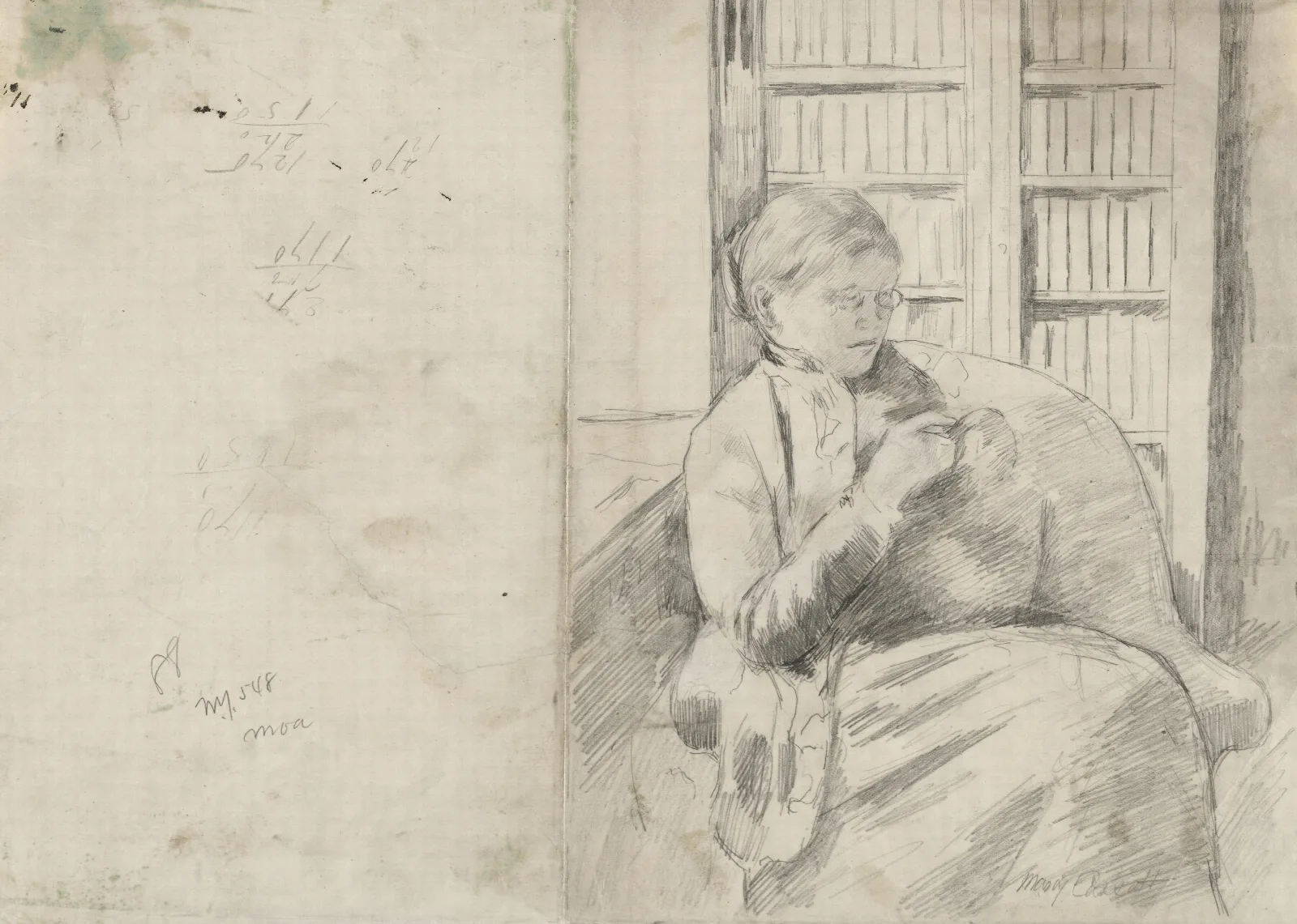 Knitting In The Library Recto Wall Art by Mary Cassatt - Canvas Print