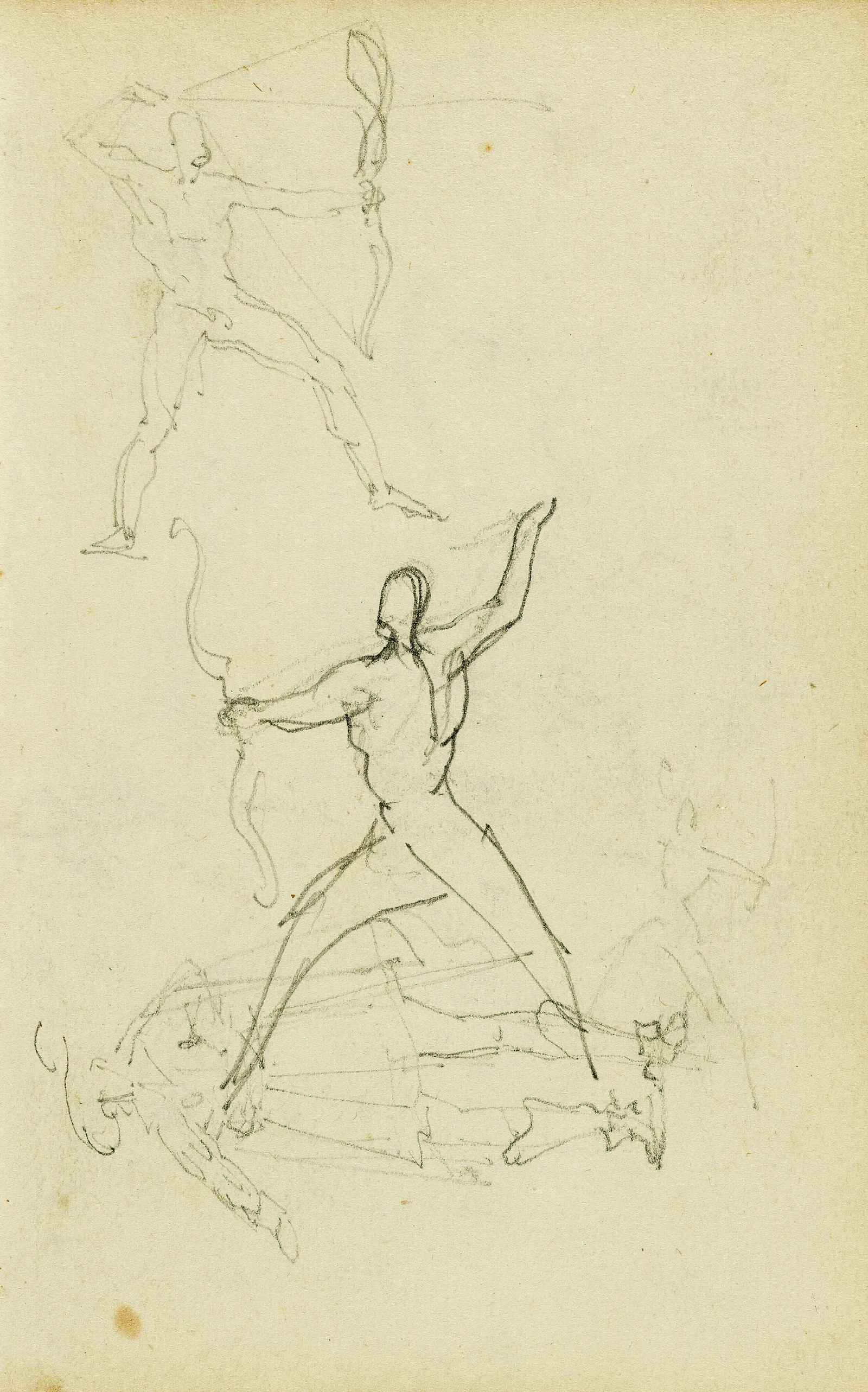 Three Studies Of A Nude Man With Bow And Arrow Standing Cavalier Wall Art by Théodore Géricault - Canvas Print