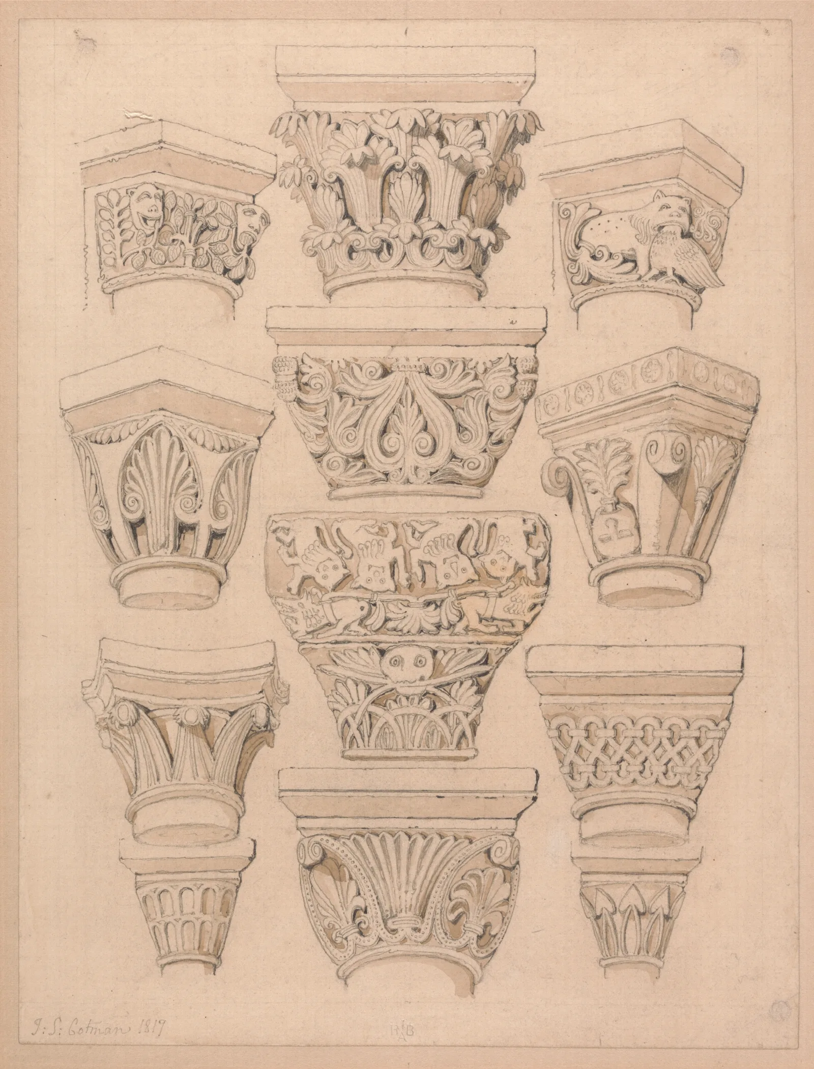 Capitals In The Abbey Church Of St Georges De Bocherville Near Rouen Normandy Wall Art by John Sell Cotman - Canvas Print