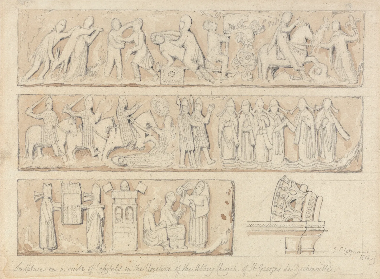 Sculpture On A Suite Of Capitals In The Cloisters Of The Abbey Church Of Saint Georges De Bocherville Near Rouen Normandy Wall Art by John Sell Cotman - Canvas Print