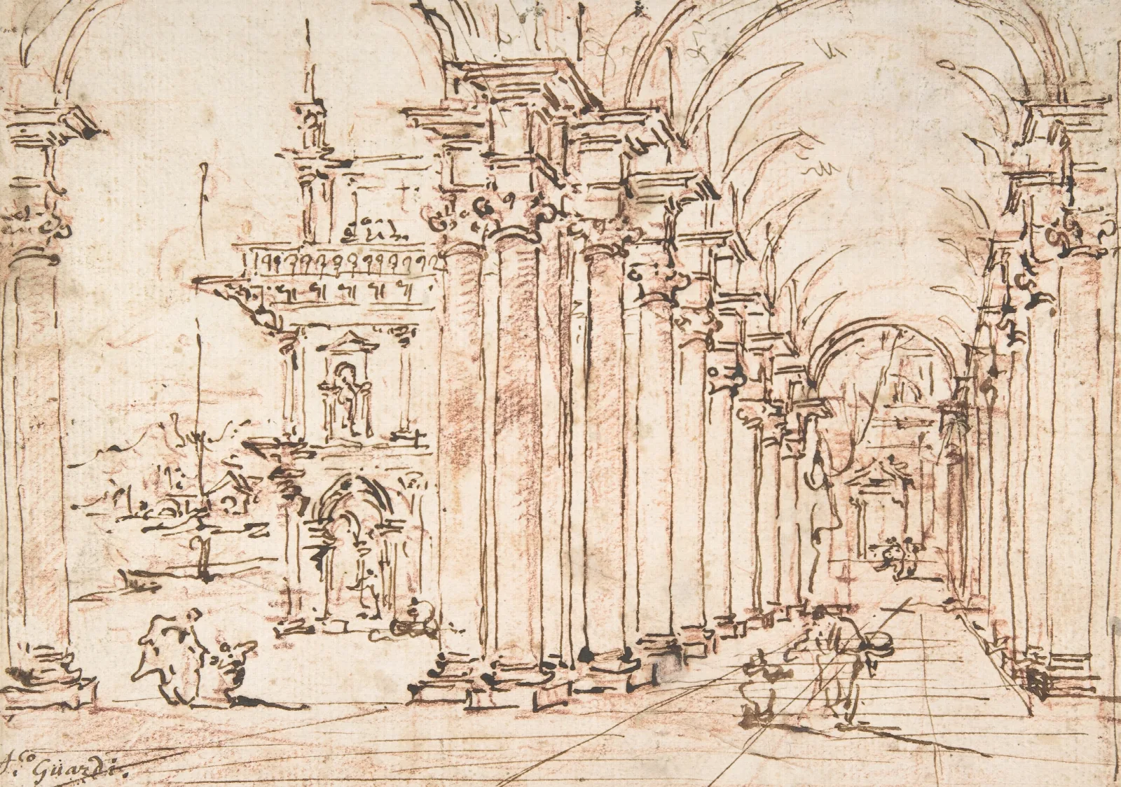 Architectural Capriccio Vaulted Colonnade Of A Palace Wall Art by Francesco Guardi - Canvas Print