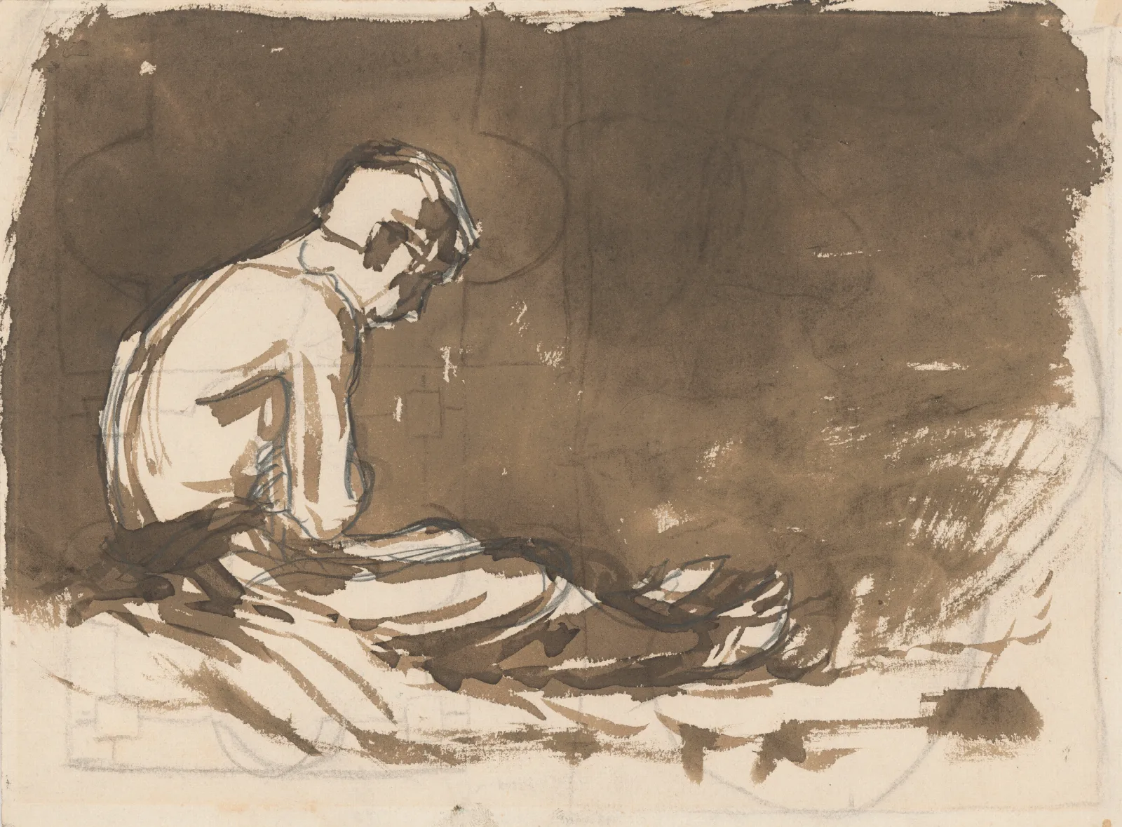 Sketch Of A Man Sitting Half Naked From A Side View In Prison I Wall Art by Ladislav Mednyánszky - Canvas Print