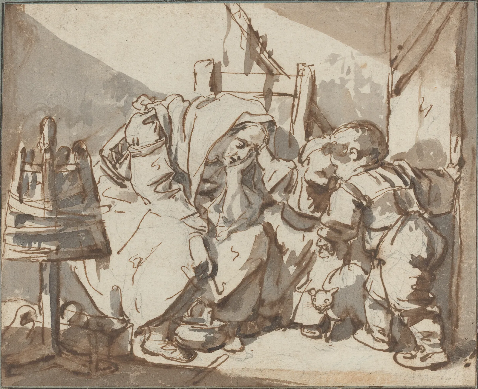 A Tired Woman With Two Children Wall Art by Jean-Baptiste Greuze - Canvas Print