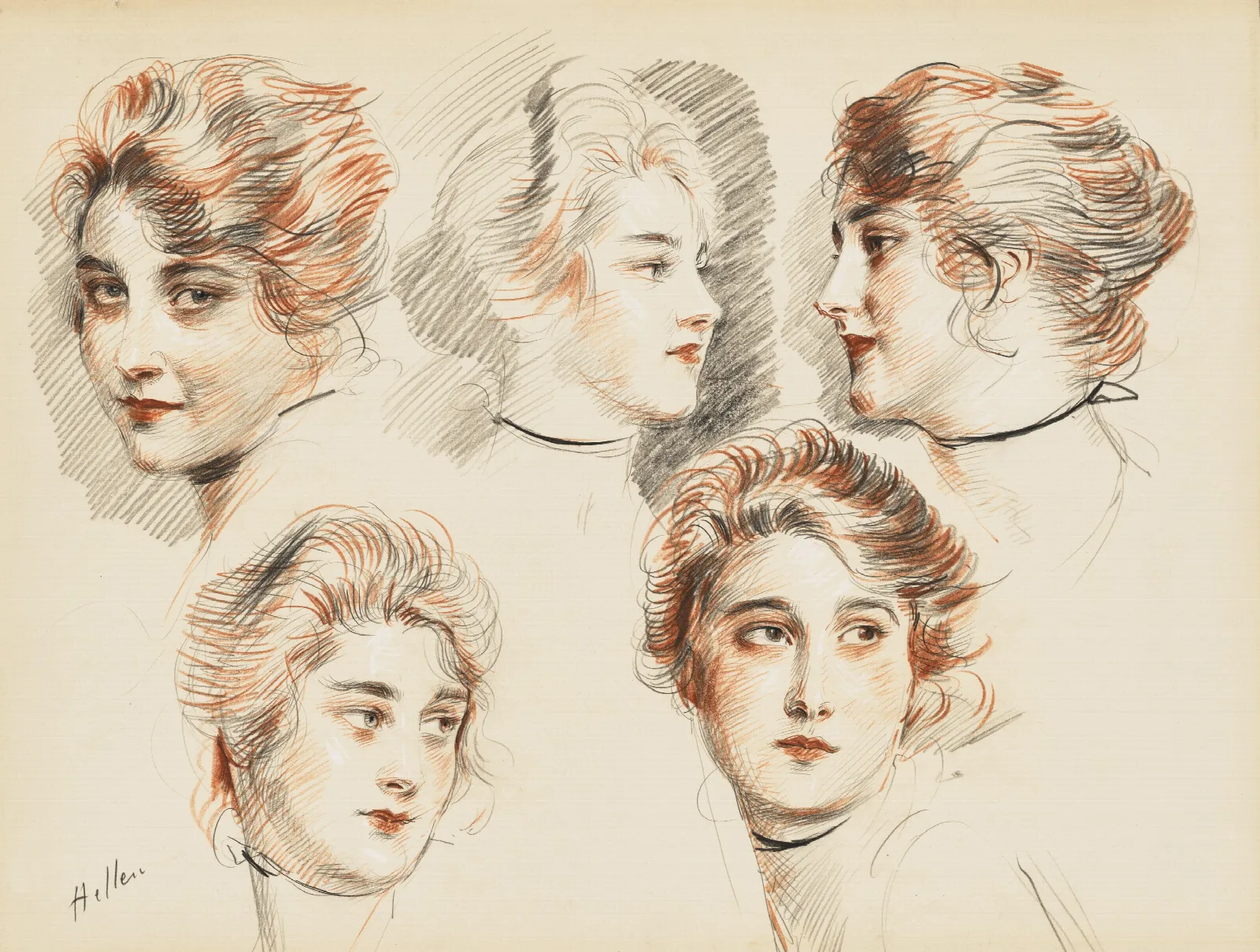 Five Head Studies Of A Young Lady Wall Art by Paul César Helleu - Canvas Print