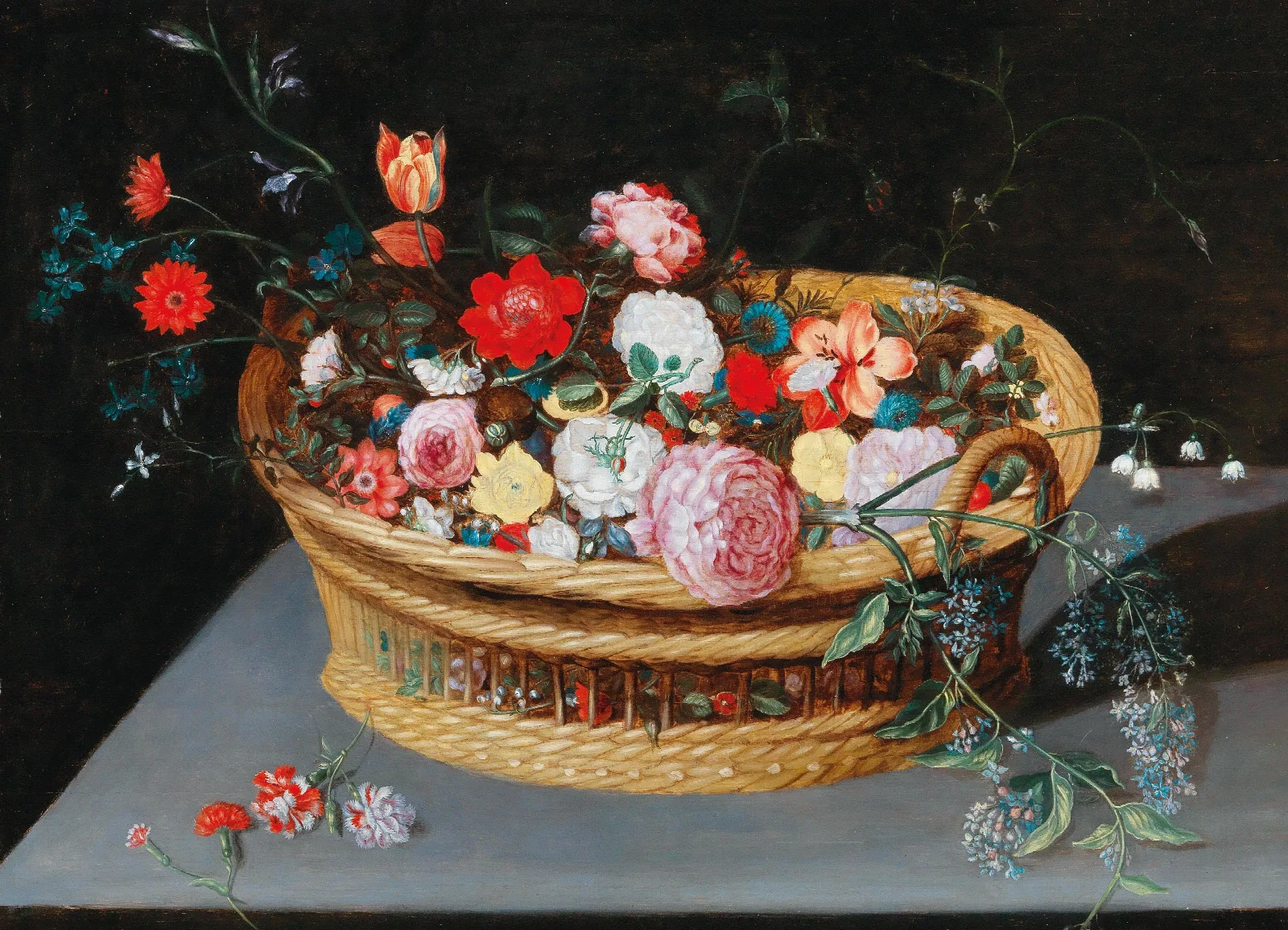 A Basket With Spring Flowers On A Stone Table Wall Art by Jan Brueghel the Younger - Canvas Print