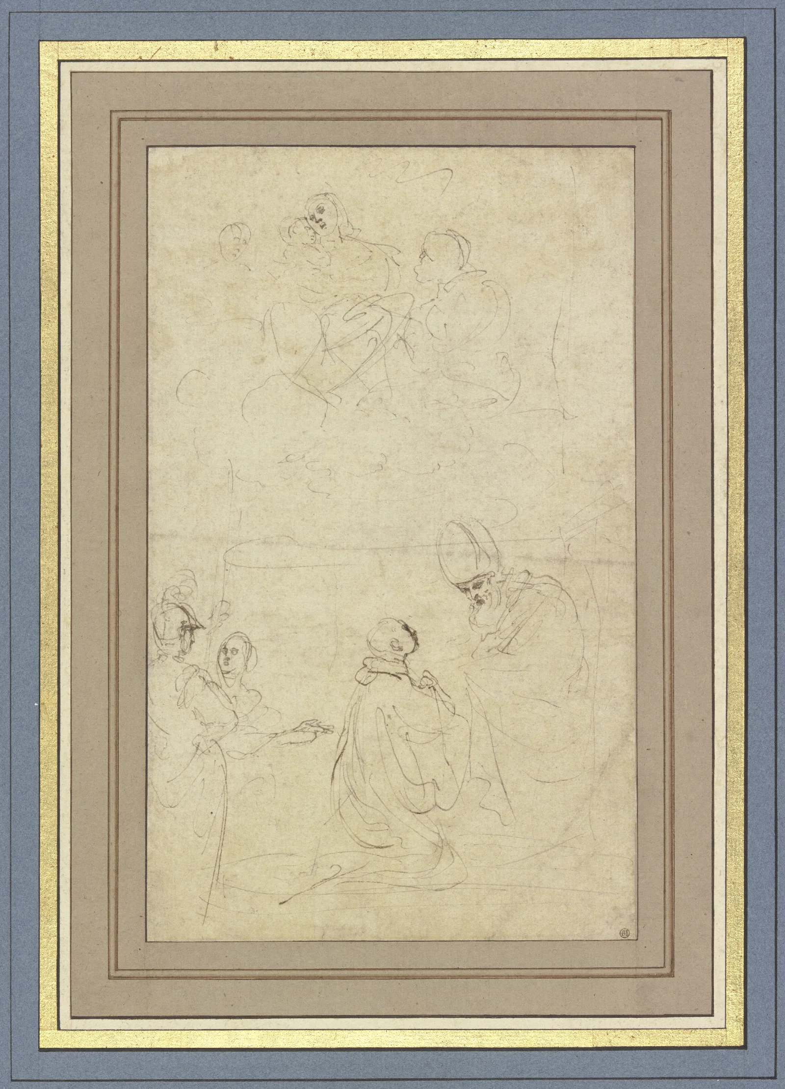Die Muttergottes In Wolken Unten Ein Geistlicher Vor Einem Bischof Kniend Links Ein Krieger Und Eine Frau Wall Art by Guercino - Canvas Print