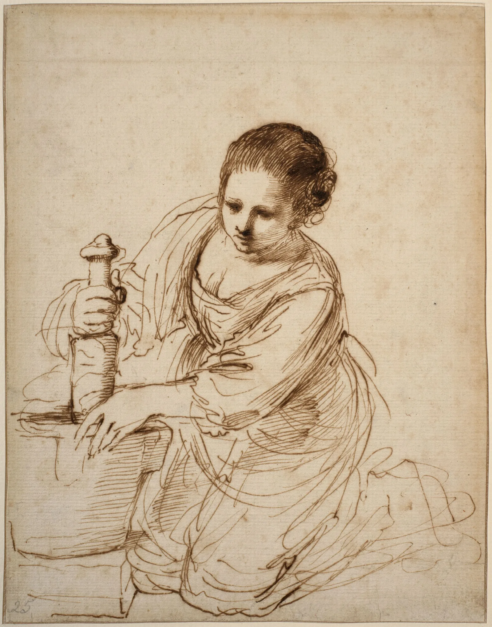 Woman On Her Knees Holding A Pestle And A Mortar Wall Art by Guercino - Canvas Print